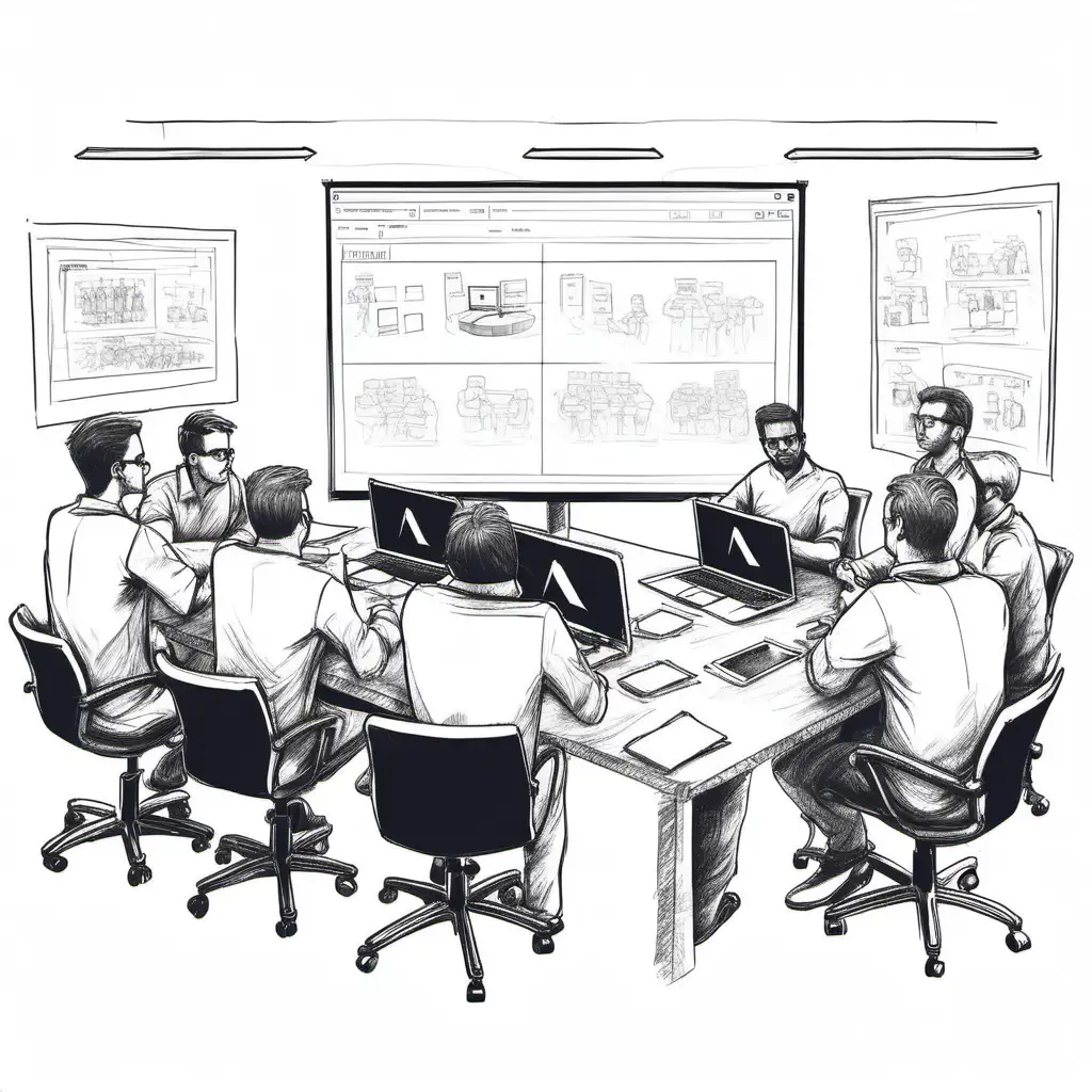 Create a hand sketch of software development team doing Sprint Review.

All the drawing should fit in the image.
No colors. White background. No shades