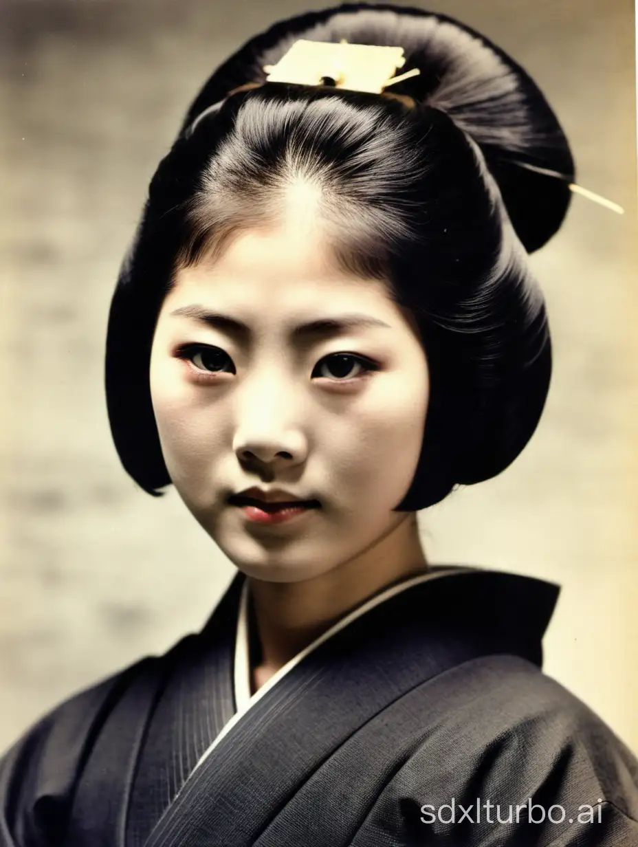 A head photo of a Japanese girl in a plain black kimono, Heian times 1966