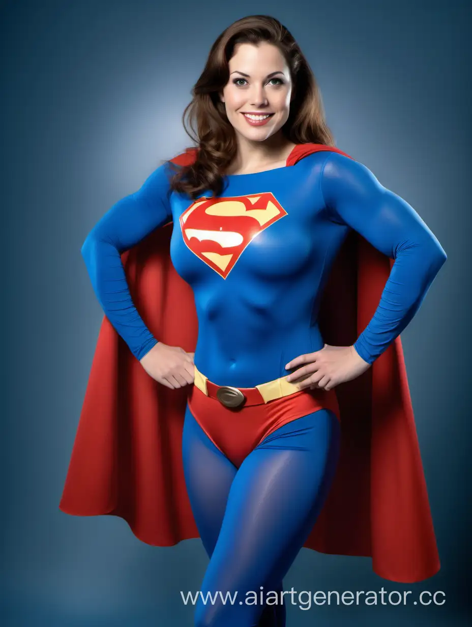 A beautiful woman with brown hair, age 33,She is happy and muscular. She is wearing a Superman costume with (blue leggings), (long blue sleeves), red briefs, and a long cape. The symbol on her chest has no black outlines. She is posed like a superhero, strong and powerful. In the style of a 1960s movie.