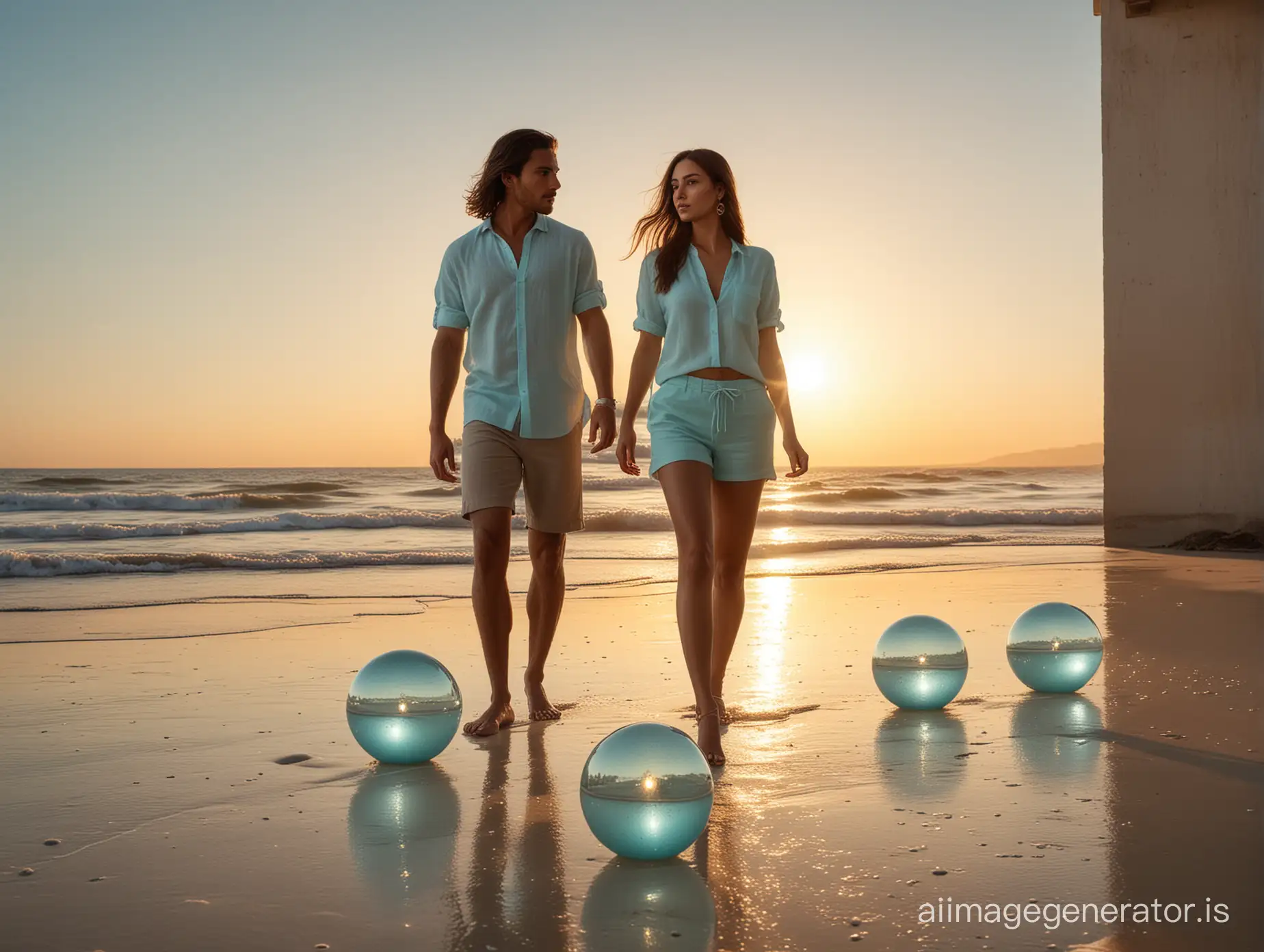 full body man and female Latin models with straight hair wearing elegant linen pale turquoise beach casual clothes, few big glass light spheres all over the floor,  during sunset dramatic shadows and reflections