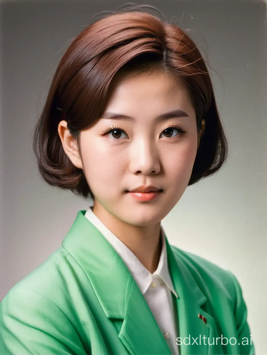 A color head photo of a young Japanese 19-year-old short hair woman wearing A  green  suit  , 1955.The background is biased towards white