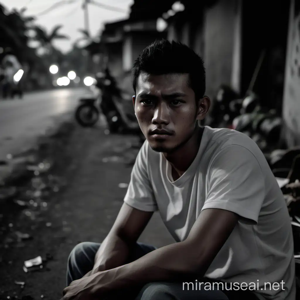 A young man who looks 24 years old is sitting brooding on the outskirts of Jakarta with a very sad nuance, with the atmosphere of the afternoon towards night, the face is clearly visible from the front of the camera, the man is wearing clothes that are so neat, even using very authoritative clothes with a sharp gaze.
