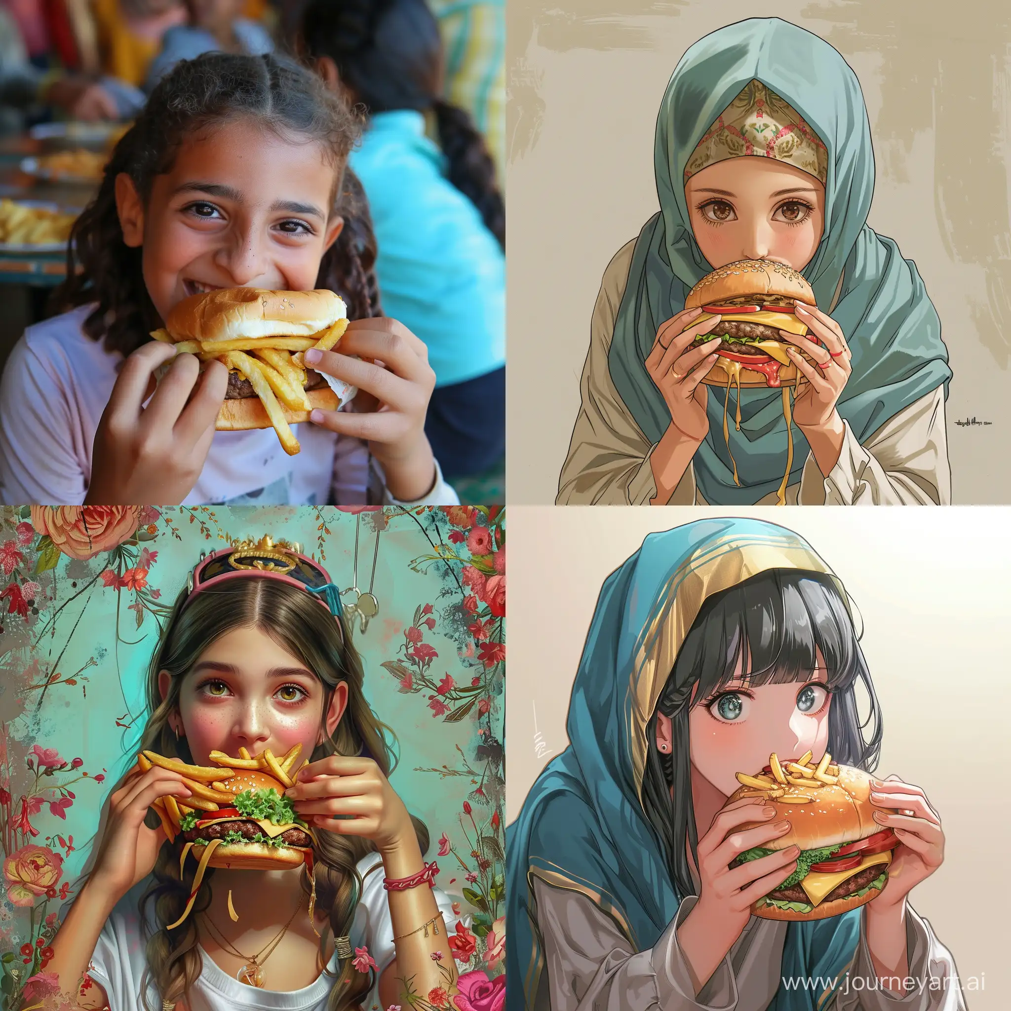 Beautiful Egyptian girl eating hamburger with french fries and cover and sorry the beautiful blades full of food colors and this relation to the