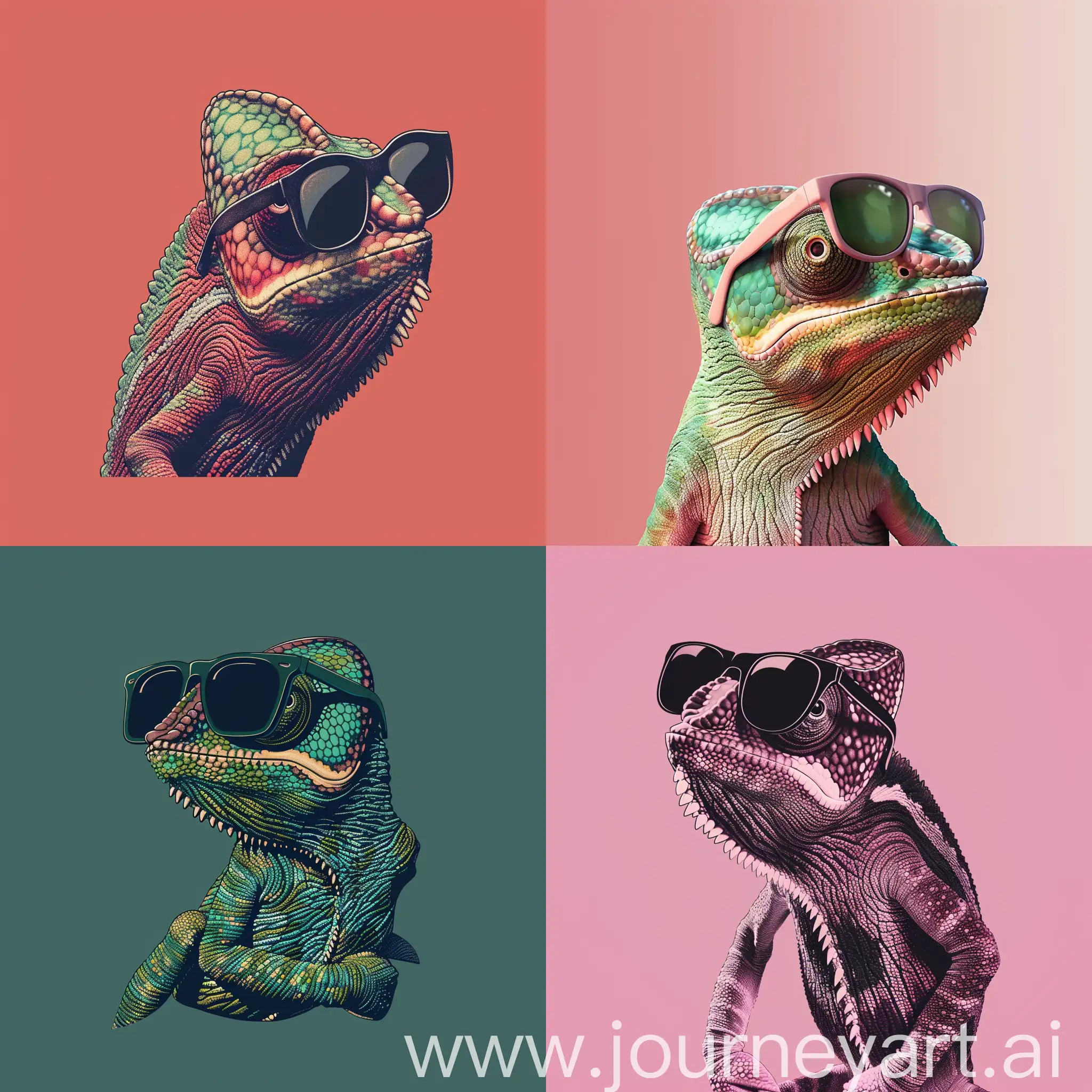 chameleon wearing sunglasses on a solid color background, vector art, digital art, faceted, minimal, abstract, panorama background. 