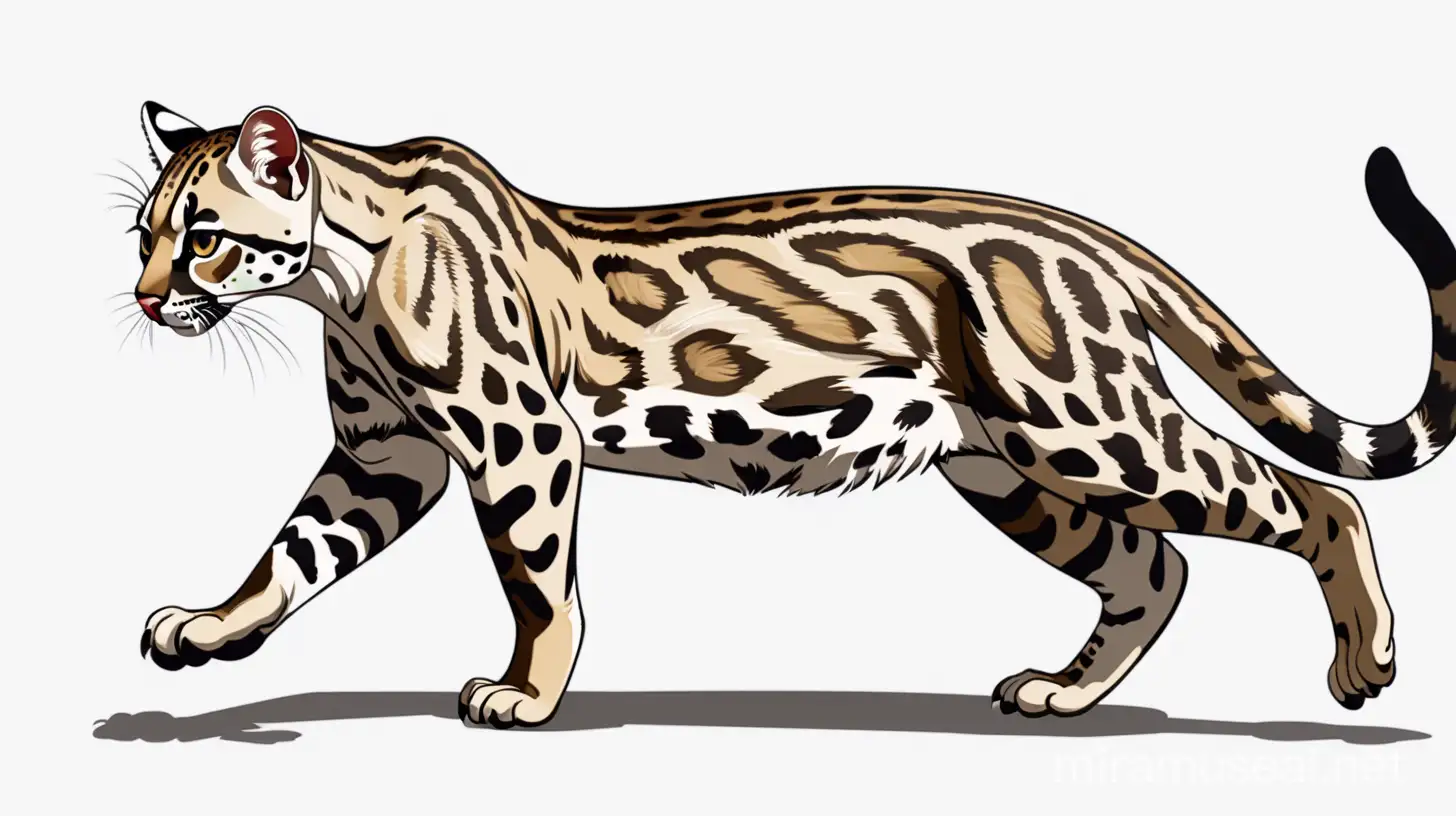 Imagen vectorizada de la especie ocelote (leopardus pardalis) caminando en cuatro patas. Fondo blanco

