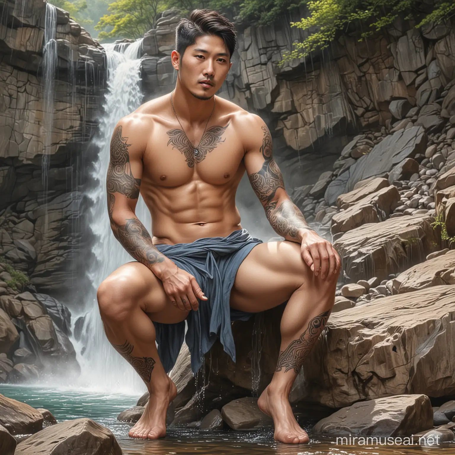 Stile realistico disegno a matita a colori:  Bellissimo coreano di 30 anni come un dio è a petto nudo e ha dei tatuaggi è muscoloso. È ai piedi di una cascata. . 