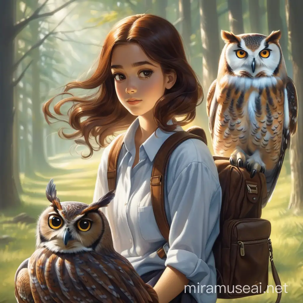 The young woman rides to work on the back of an owl, the has dark auburn hair except for one white strand of hair