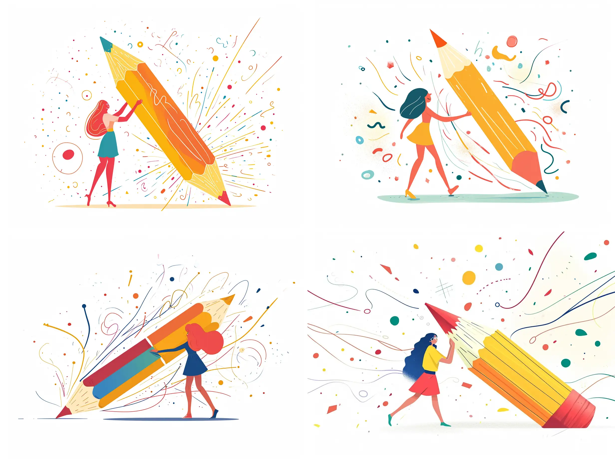 Create image is an abstract illustration featuring a stylized woman figure interacting with an oversized pencil, the background is in white solid color adorned with various small colorful shapes like circles and squiggles, the oversized pencil it’s significantly larger than the human figure, lines emanating from behind the pencil suggest rapid movement or force, in the style of dribbble, Behance and Creativemarket, 2d vector style, minimalist, simple, solid colors