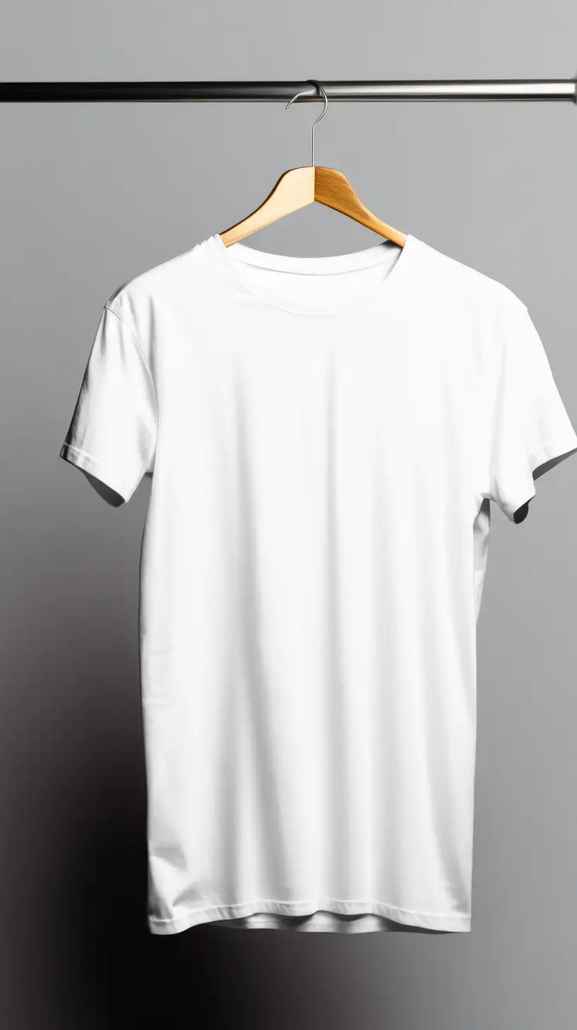 Blank White mens golden t-shirt mockup, have shirt handing on a hanger, have a studio off white background