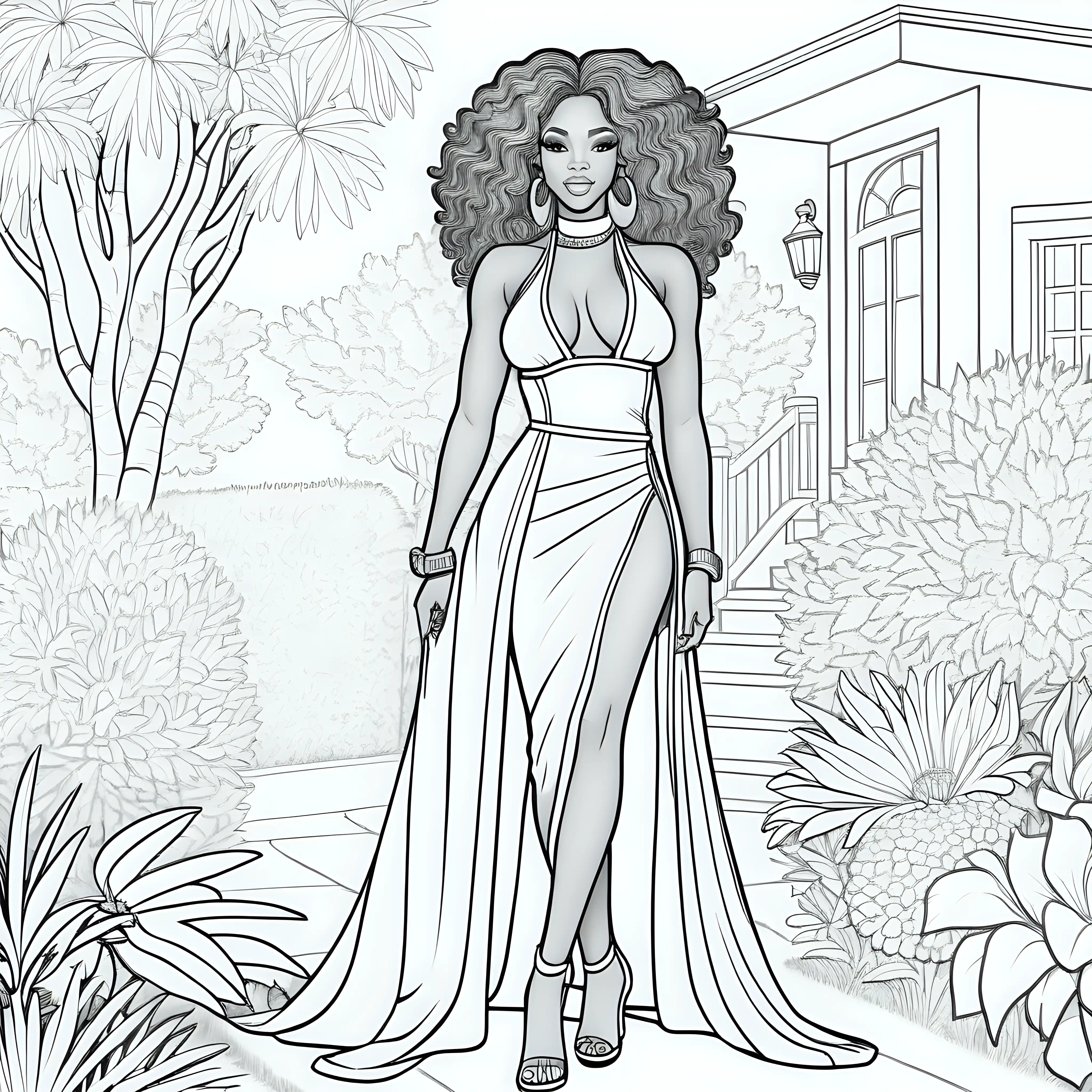 adult coloring book, outline image, no greyscale, no color, no shading,  outline hair only, coloring page style, african american woman, full body pose, sexy fully dressed, designer clothes, fun outside backgrounds, coloring book lines