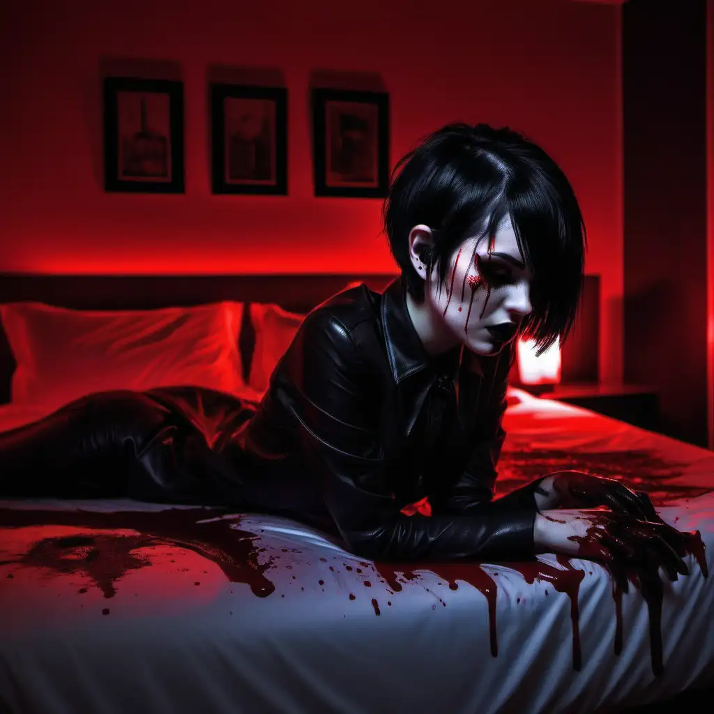 Mysterious Gothic Scene with ShortHaired Girl Red Neon Lights and BloodStained Hotel Bed