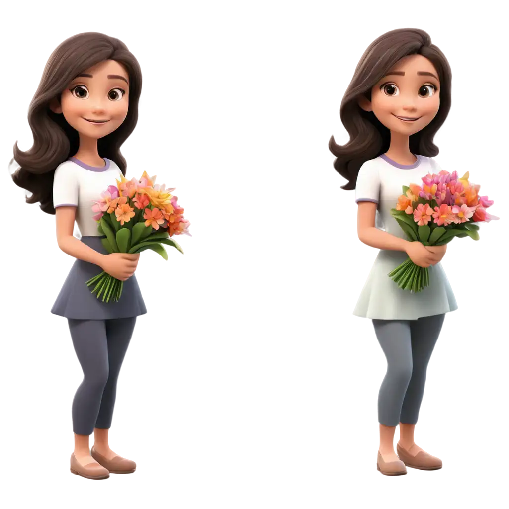 Милая, весёлая  мультяшная девочка с букетом цветов