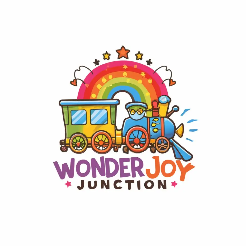 a logo design,with the text "Wonder Joy Junction", main symbol:Create a vibrant and playful logo for Wonder Joy Junction, a magical world where learning meets laughter! Incorporate colorful cartoon characters, whimsical elements like stars and rainbows, and a joyful train chugging along, inviting children to embark on an exciting journey of exploration and discovery. Capture the essence of wonder, joy, and adventure in every detail, ensuring the logo sparks curiosity and excitement in young minds. Let the logo radiate warmth, positivity, and a sense of fun, drawing kids into a world where imagination knows no bounds,complex,clear background