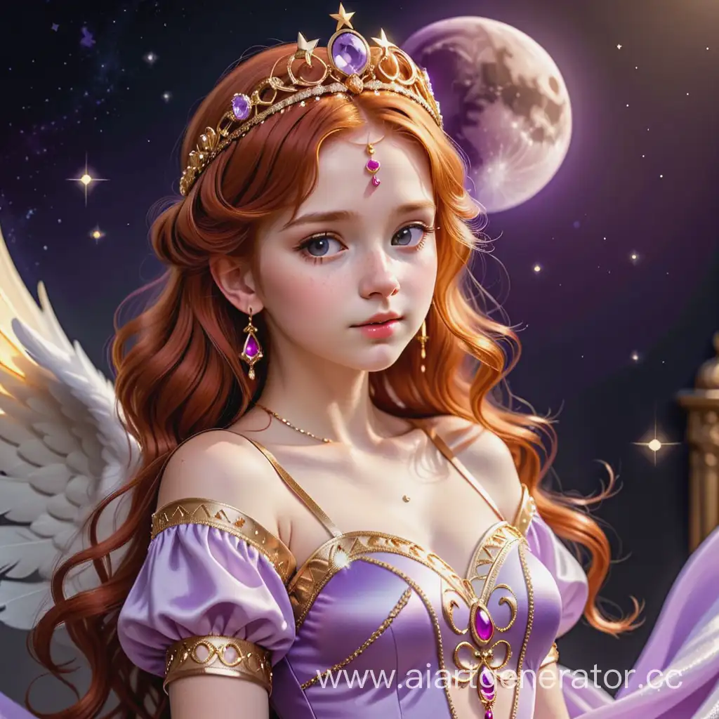 A red-haired angel girl wearing a golden tiara with a moon and a lilac dress in precious stones
