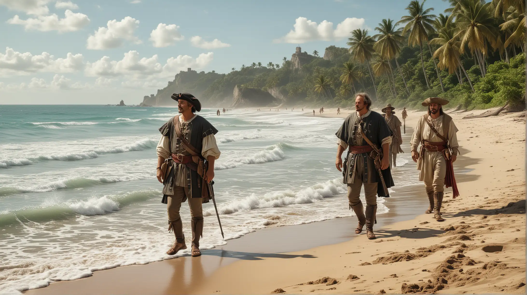 christophe colomb et quelques conquistador foulent une plage paradisiaque, photographie, réaliste