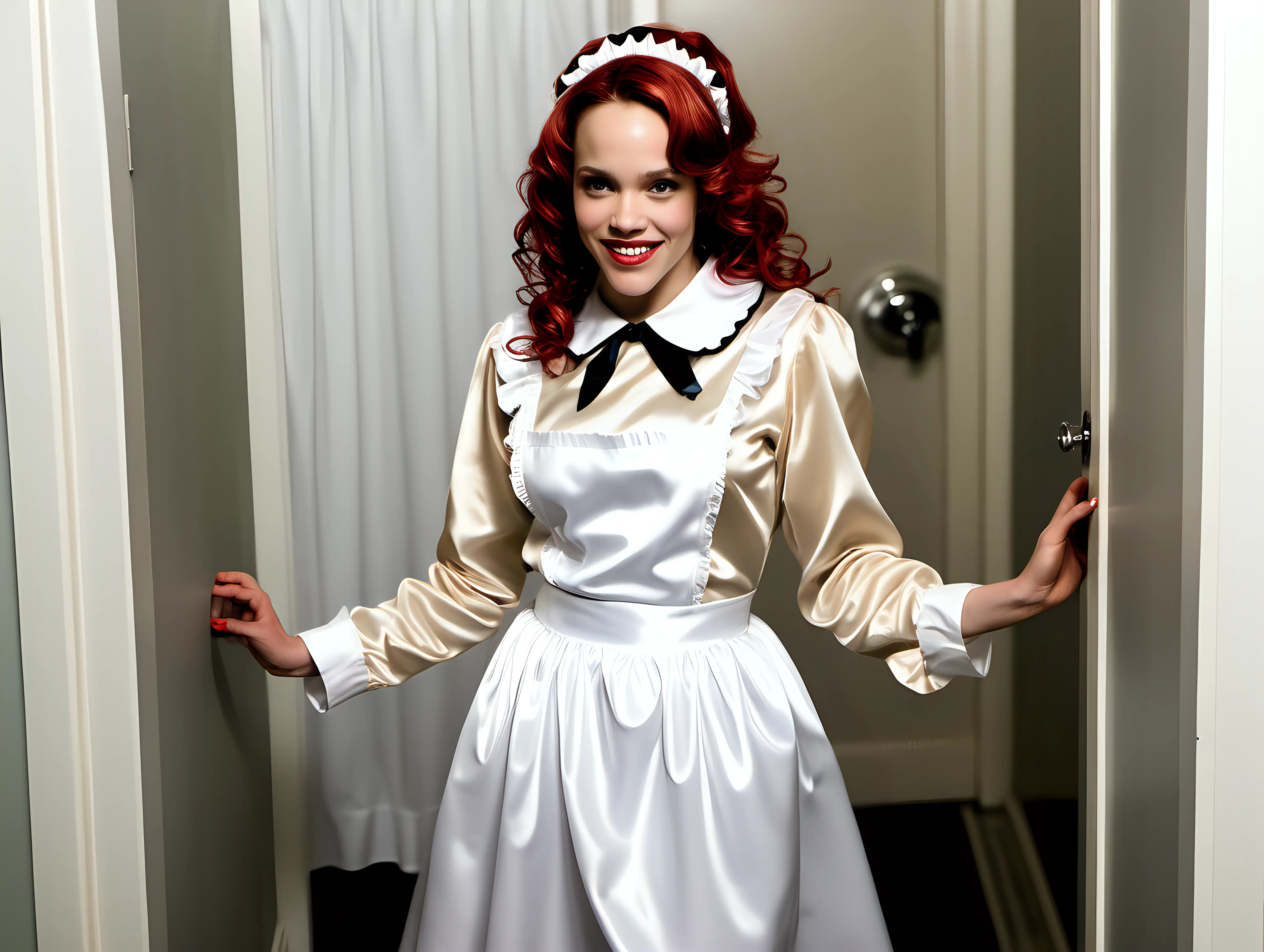 Elegant Retro Maid Gowns Stylish Gathering in a Clean Bathroom