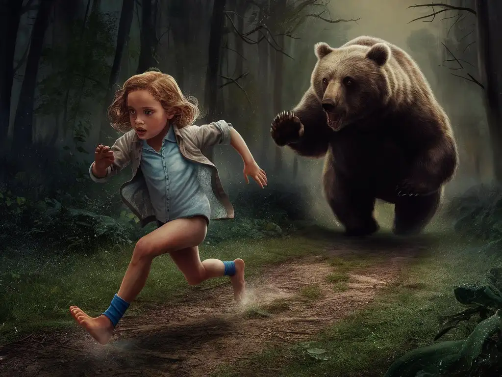 A young girl is running away from a bear in the forest. She didn't have time to get dressed. She's wearing only a shirt and blue tights. She's running along the forest path early in the morning.