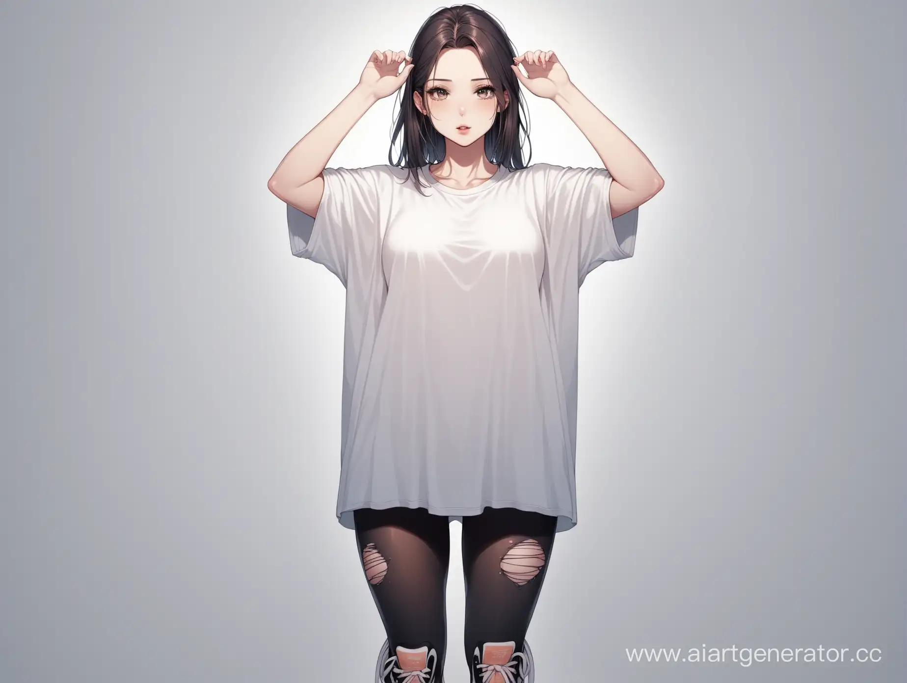 Generate an image of an attractive girl wearing an oversize T-shirt and sneakers. The girl has to lift up her T-shirt with her hands to show the scary implants underneath. Pay attention to the fact that the girl herself looks beautiful and aesthetically pleasing.