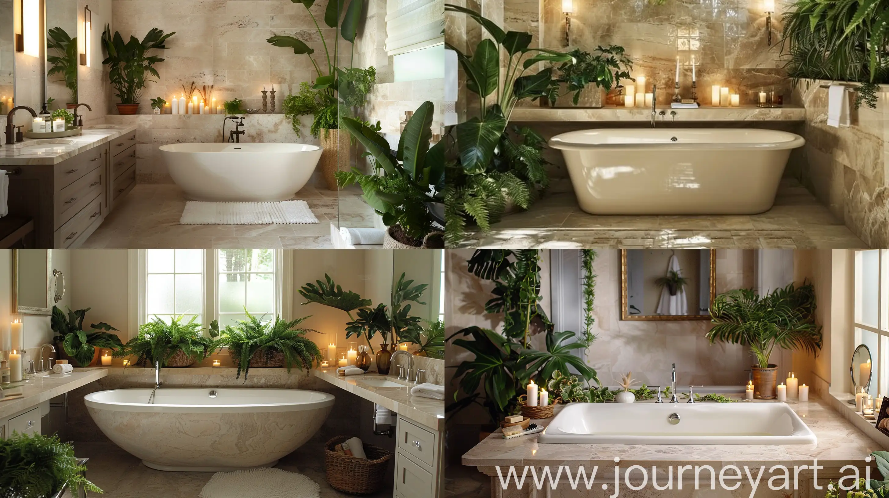 Indulge in the tranquility of a spa-inspired bathroom retreat, where soft, earthy tones of beige and taupe meet sleek marble countertops. A freestanding bathtub takes center stage, surrounded by candles and lush greenery. --ar 16:9