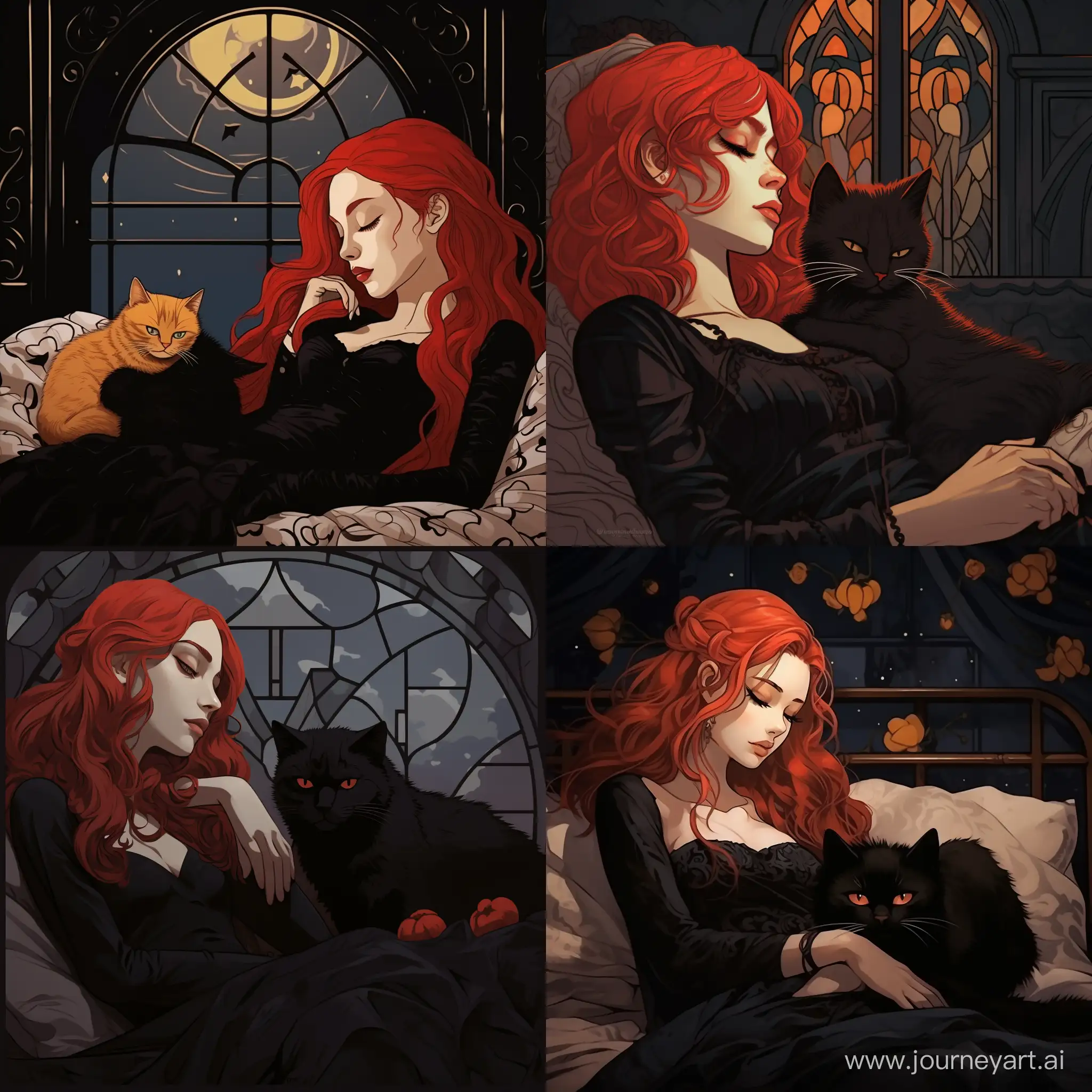 Enchanting-Slumber-RedHaired-Girl-in-Gothic-Attire-with-Cat