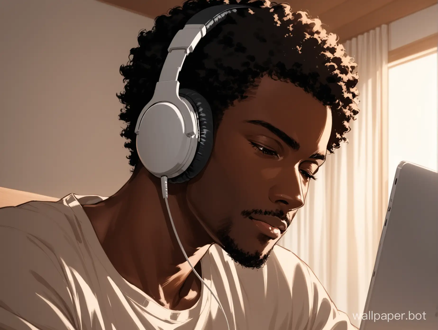 Black-Man-Studying-in-Bedroom-with-Earphones