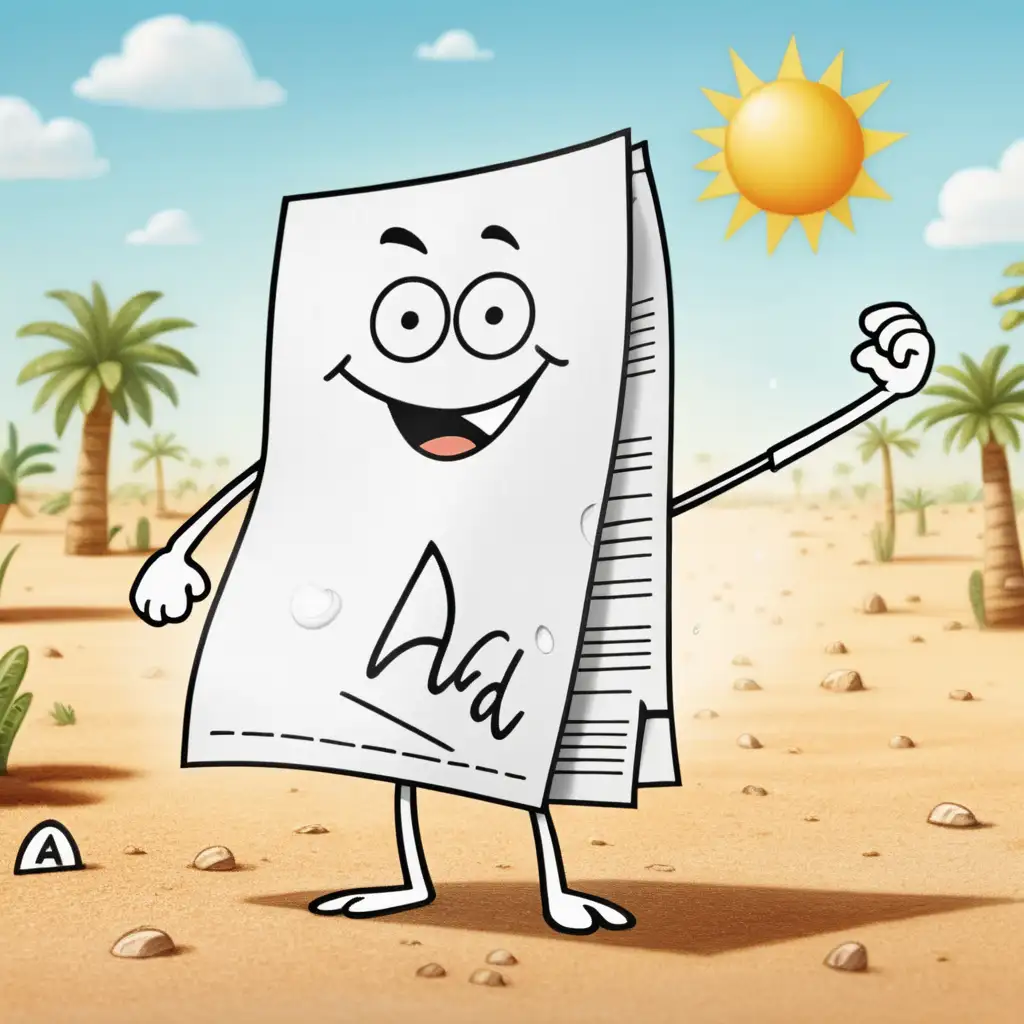 a cartoon character of a piece of paper that says 'Ad' with arms and legs that is sweating while standing under the sun.