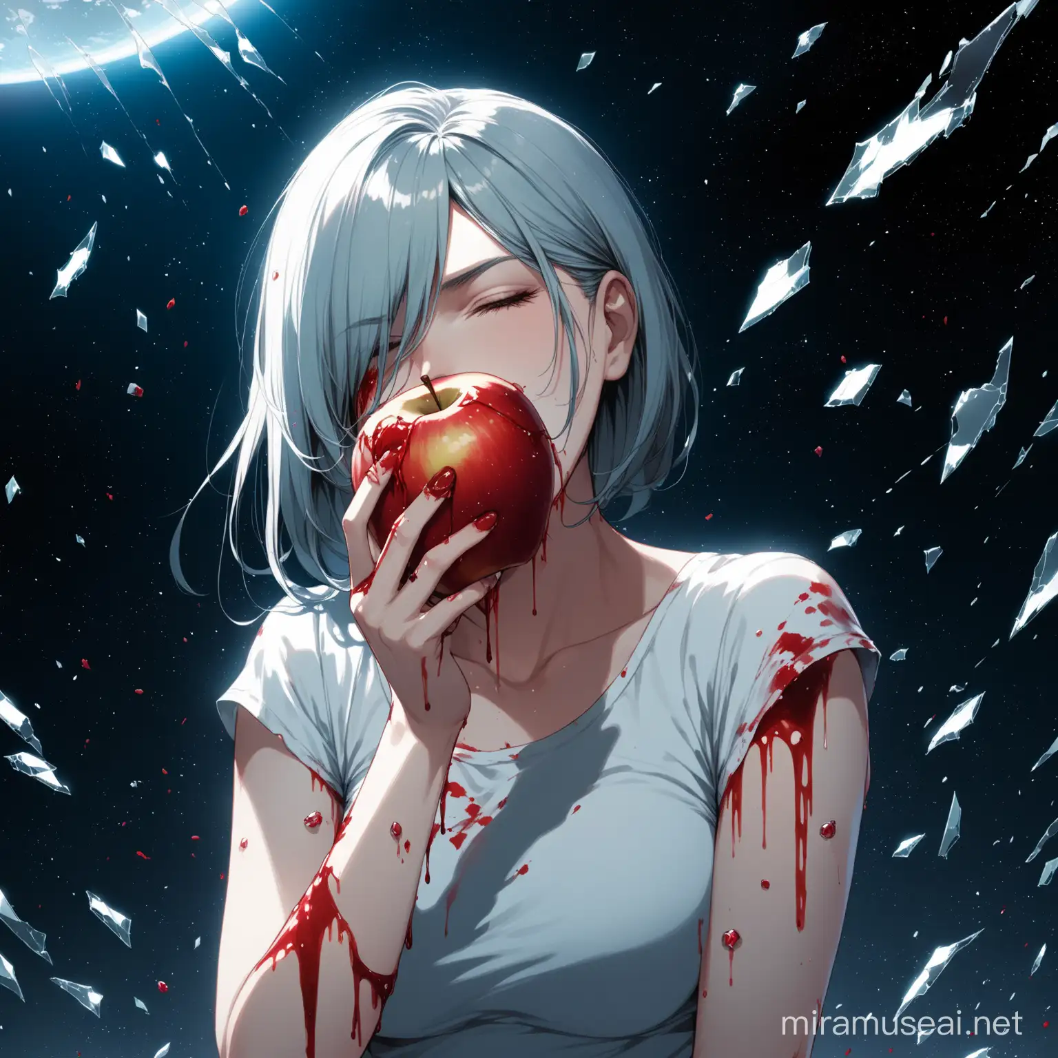 A woman eating an apple that is bleeding, the blood running down her arm. Background full of broken glass and space 