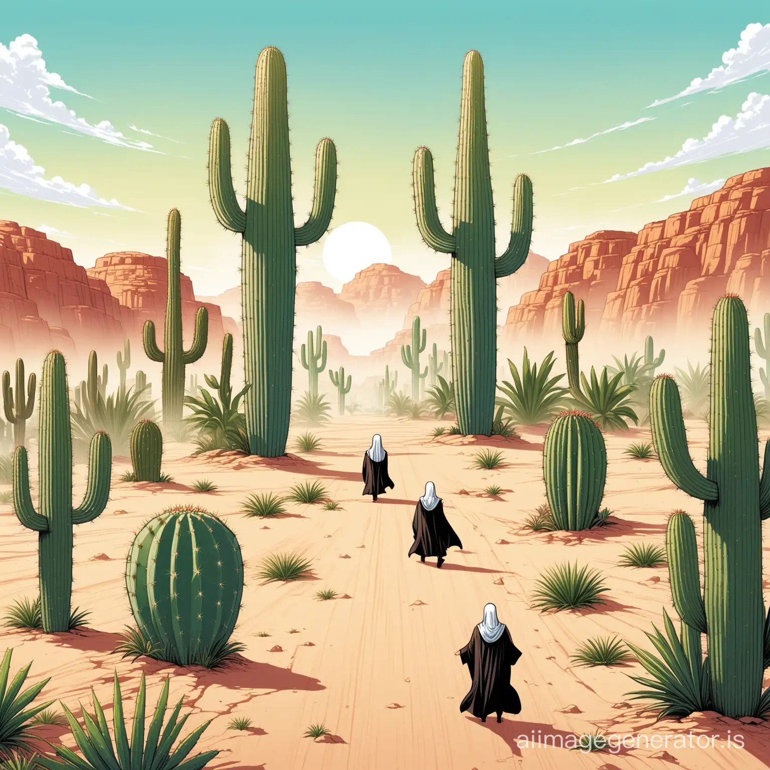 In an unexpected twist, a figure deftly navigates through a desert terrain, swiftly evading towering cacti, each adorned with judicial wigs, as if the plants themselves are presiding over a comical courtroom scene amidst the arid landscape.