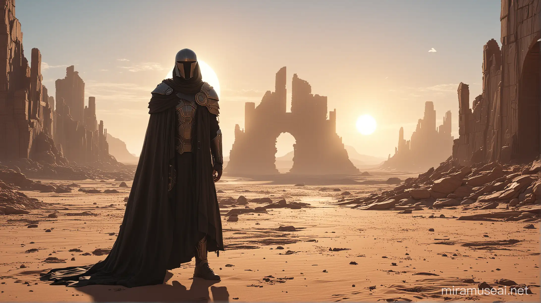 Desert, ruined buildings, two suns, man standing, wearing cloak and futuristic armour
