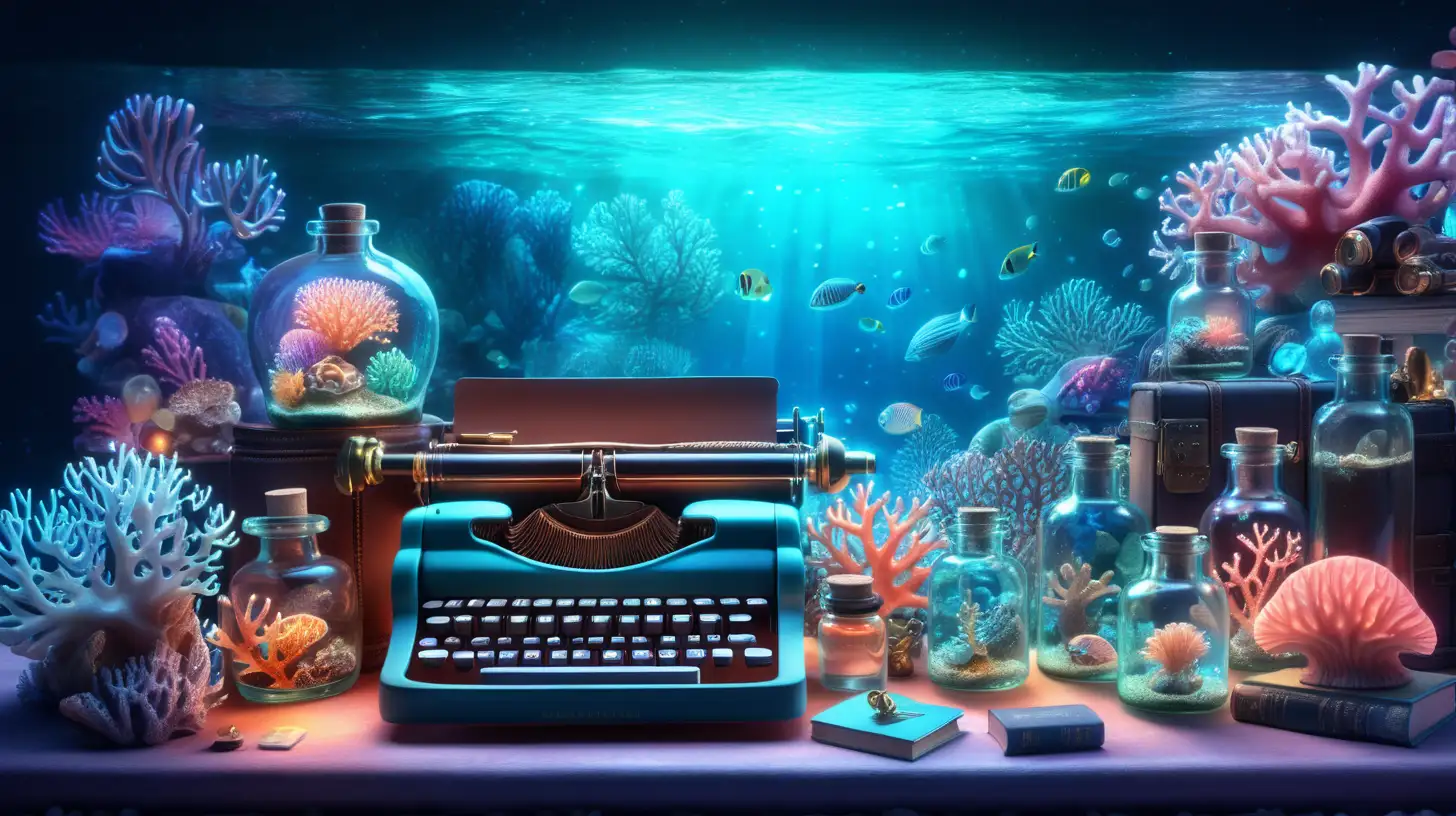 magical underwater, small treasure box of glowing mollusks, and fairytale typewriter, magical, glowing corals and inside bottles are iridescent coral, 8K.