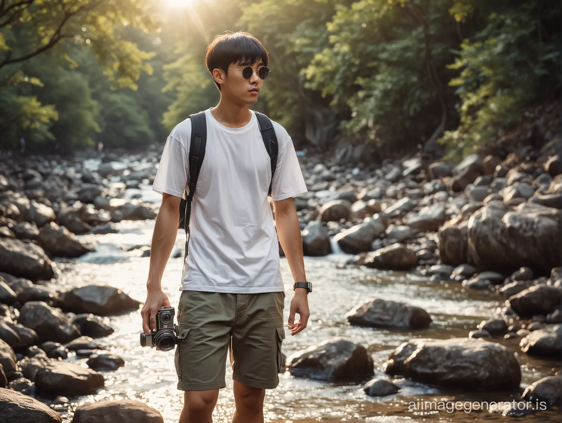 dynamic portrait, long shot, an Korean man with bowl cut hair. wearing white t-shirt , wearing sunglasses, standing barefoot, carrying a retro Camera and backpack, daydreaming on rocks with a small river flowing clear, bokeh background with a natural waterfall, refracted sunlight behind him at dusk, cinematic images, professional photography, dynamic lighting, faces looking at the camera