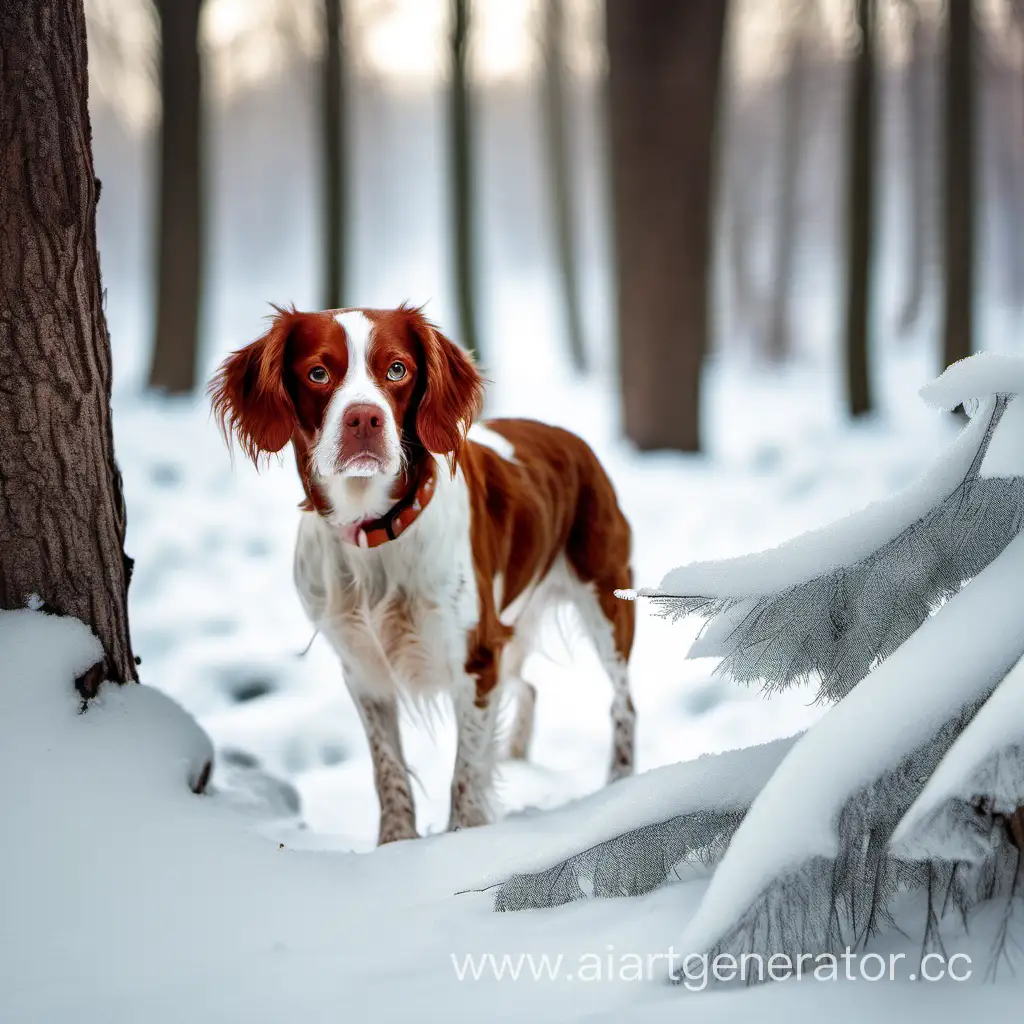 Playful-Brittany-Spaniel-Frolicking-in-Snowy-Winter-Forest