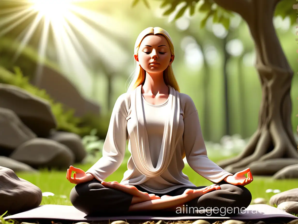 il potere della meditazione persone che meditano e hanno effetti benefici. ambiente all'aperto con uno sfondo di natura, scritta meditation