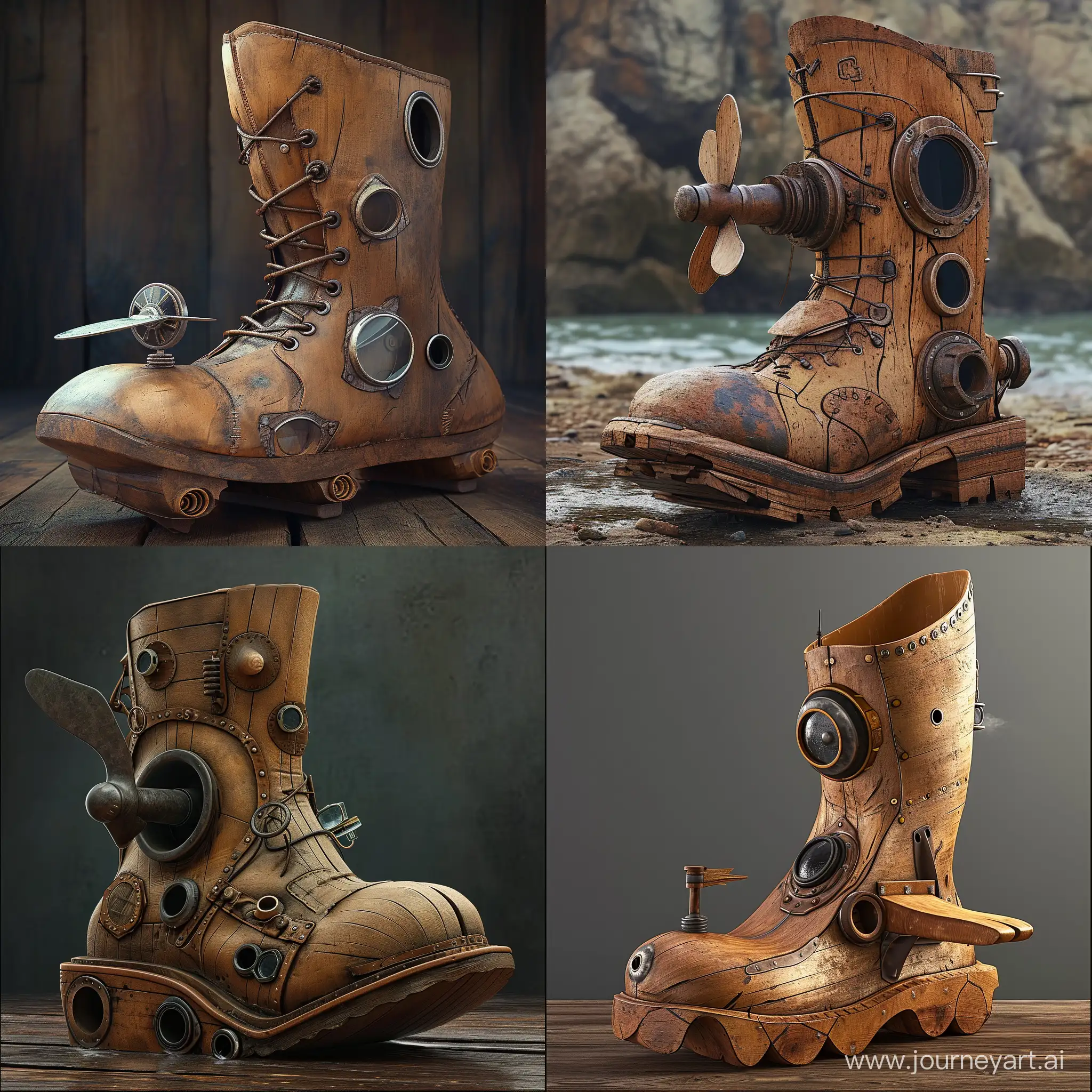 A giant's boot modified into a wooden submarine boot with a propeller on the back of the heel, a periscope, water tight, portholes. Epic composition. Highly detailed.
  