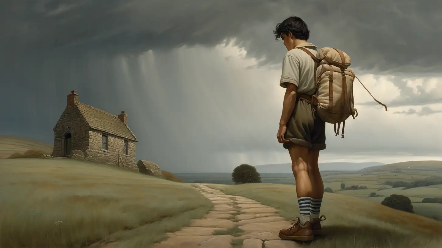 Young Man at Crossroads in Stormy Weather N C Wyeth Style Art