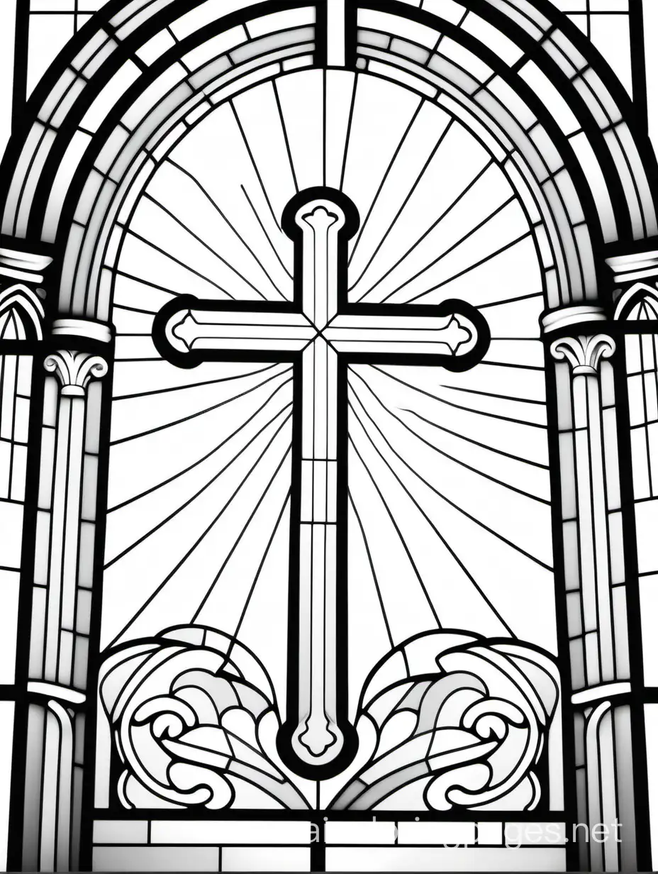 Stained glass cross on a church window, Coloring Page, black and white, line art, white background, Simplicity, Ample White Space. The background of the coloring page is plain white to make it easy for young children to color within the lines. The outlines of all the subjects are easy to distinguish, making it simple for kids to color without too much difficulty