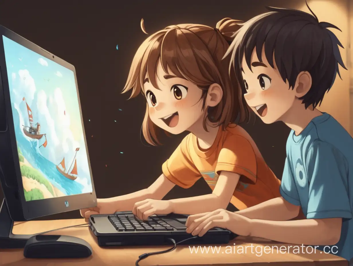 The girl and the boy are playing on the computer happily.