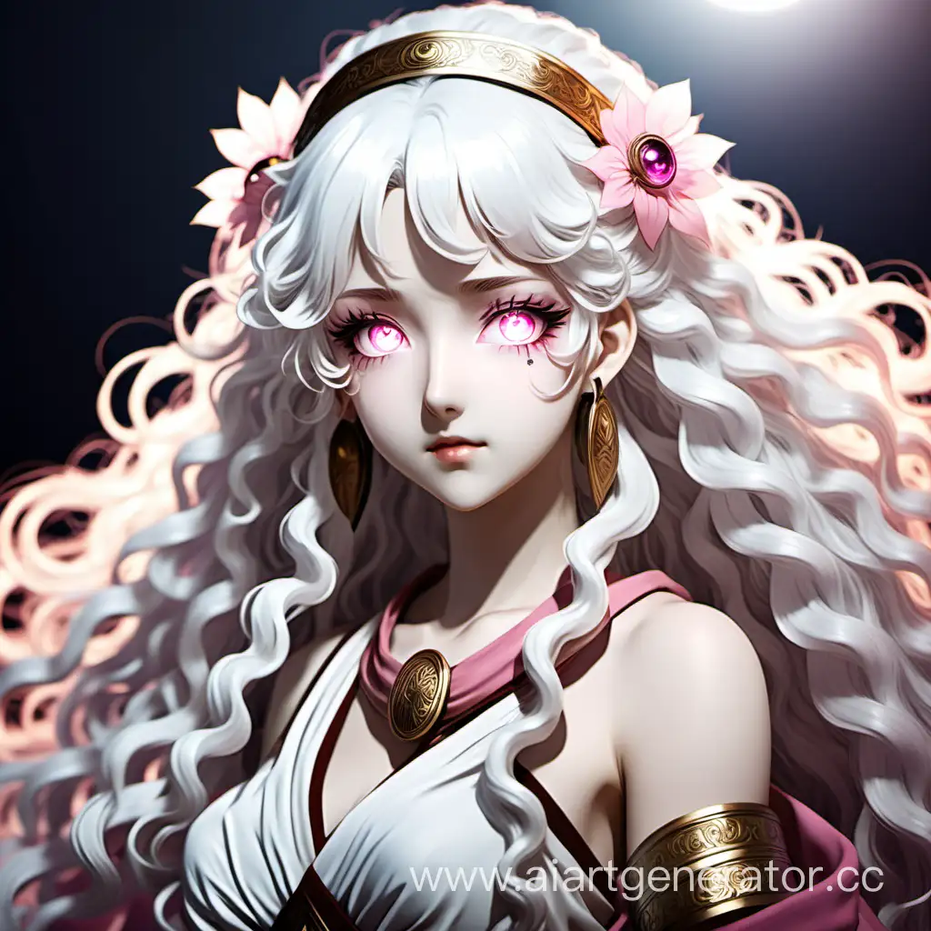 аниме девушка с белыми длинными кудрявыми волосами и розовыми глазами. в одежде древней греции  