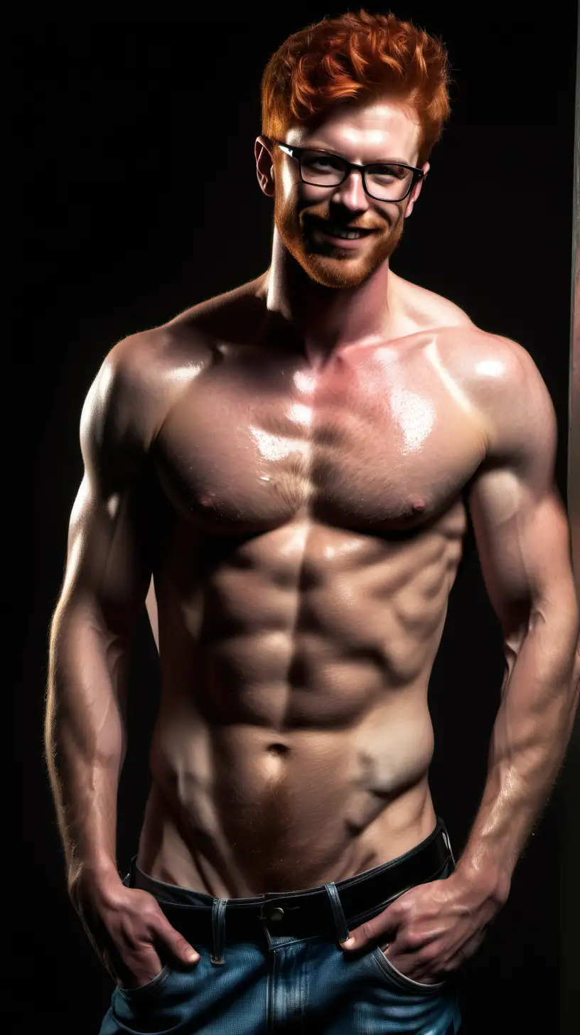 A redhead male rockstar, short hair, hairy chest,  stubbles, muscular, very sweaty, glasses, shirtless, blue jeans, spotlight on his glistening muscles, full body shot, seductive smile, sensual, looking at the viewer with desires