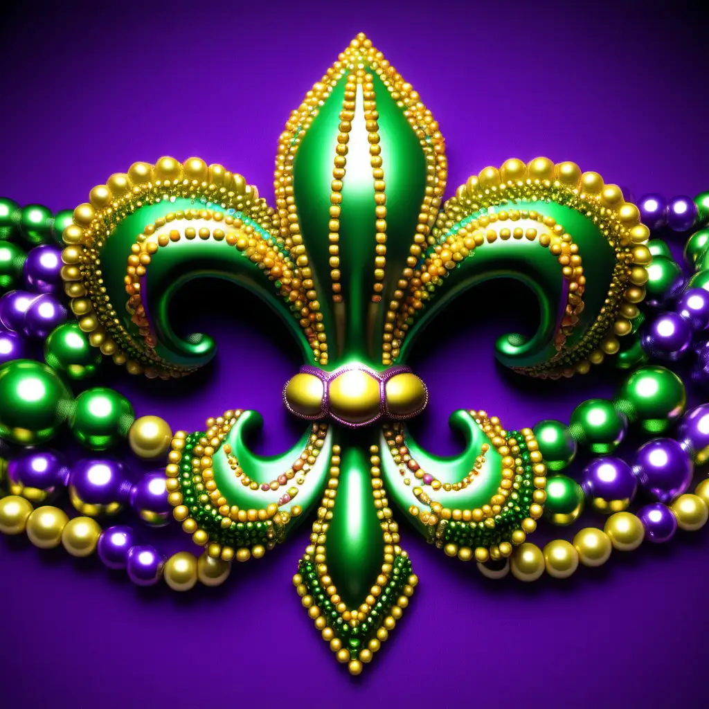 Fleur-de-lis,mardi gras colors purple,green,gold,beads,high definition ,ultarealistic,highy detailed 