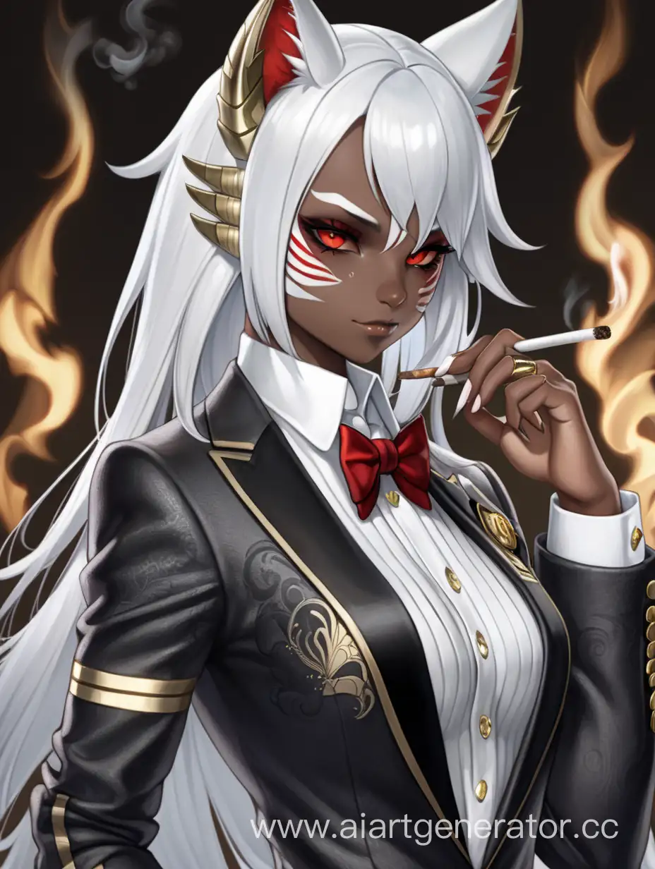 Muscle halfdragon catgirl with white hair with gold stripes, coal-black skin, red scales, heterochromic gold and red eyes
On smoking
Dressed in a tuxedo