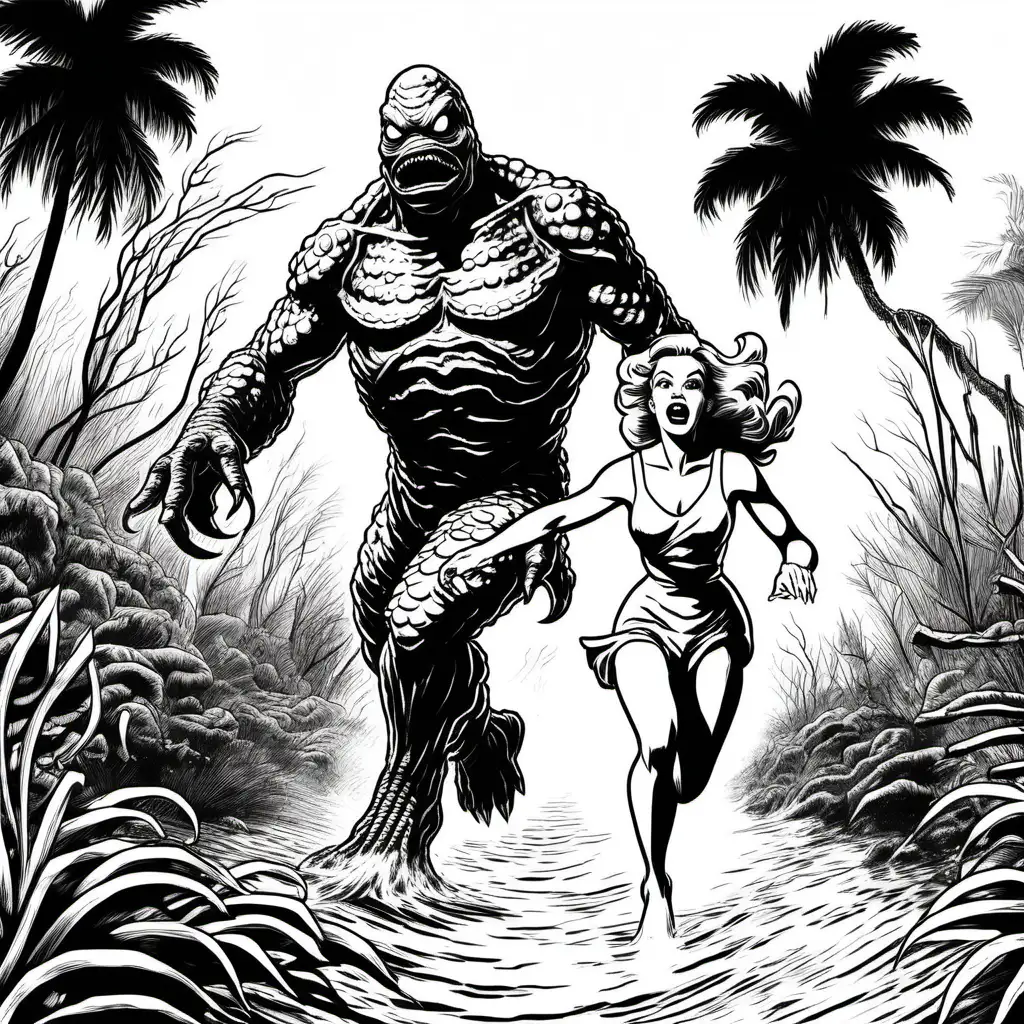 black and white drawing of a man and woman running away from the creature in the black lagoon all in white for coloring