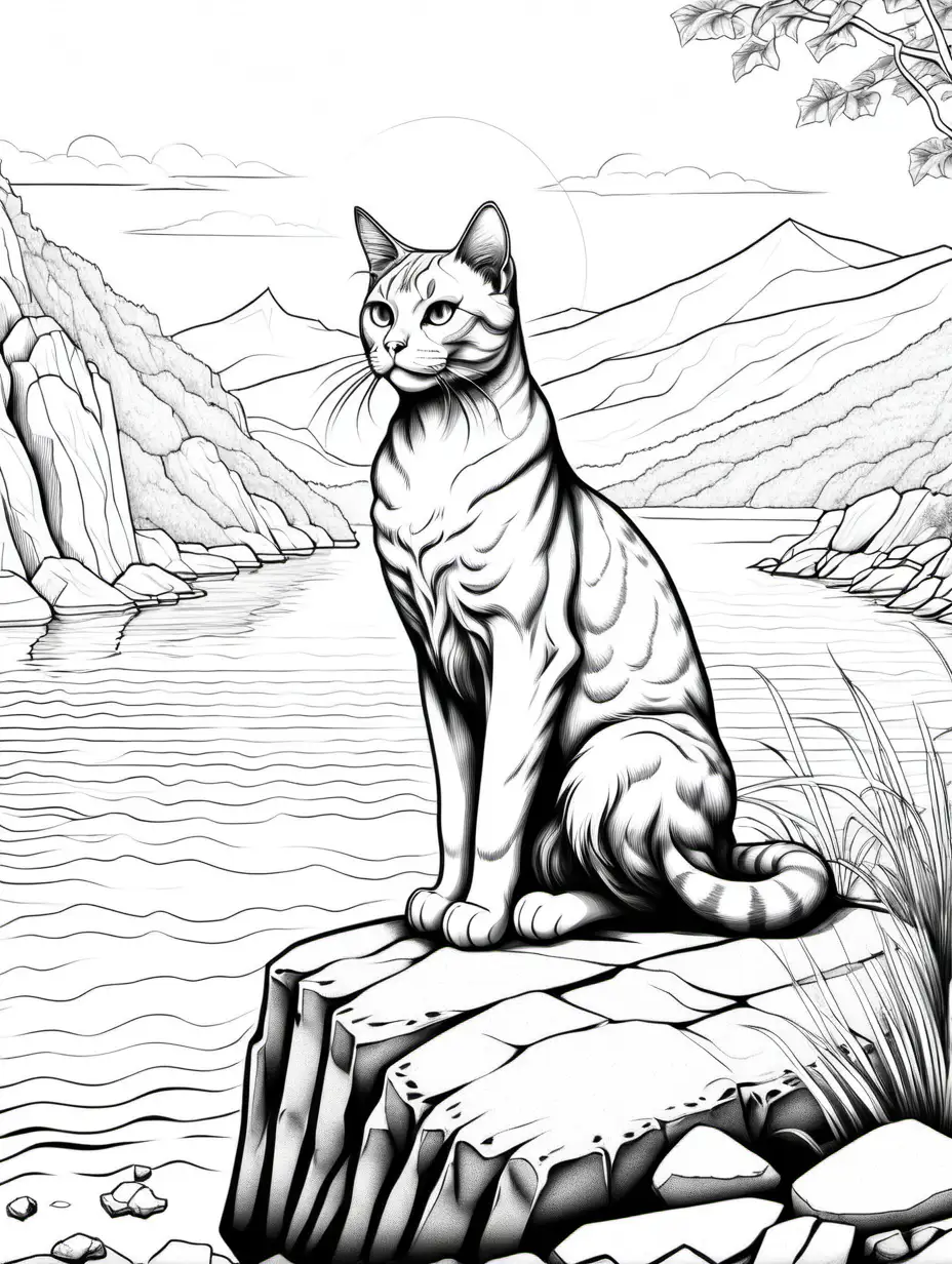 colouring page of A majestic cat sitting on a rocky cliff overlooking a tranquil lake.

