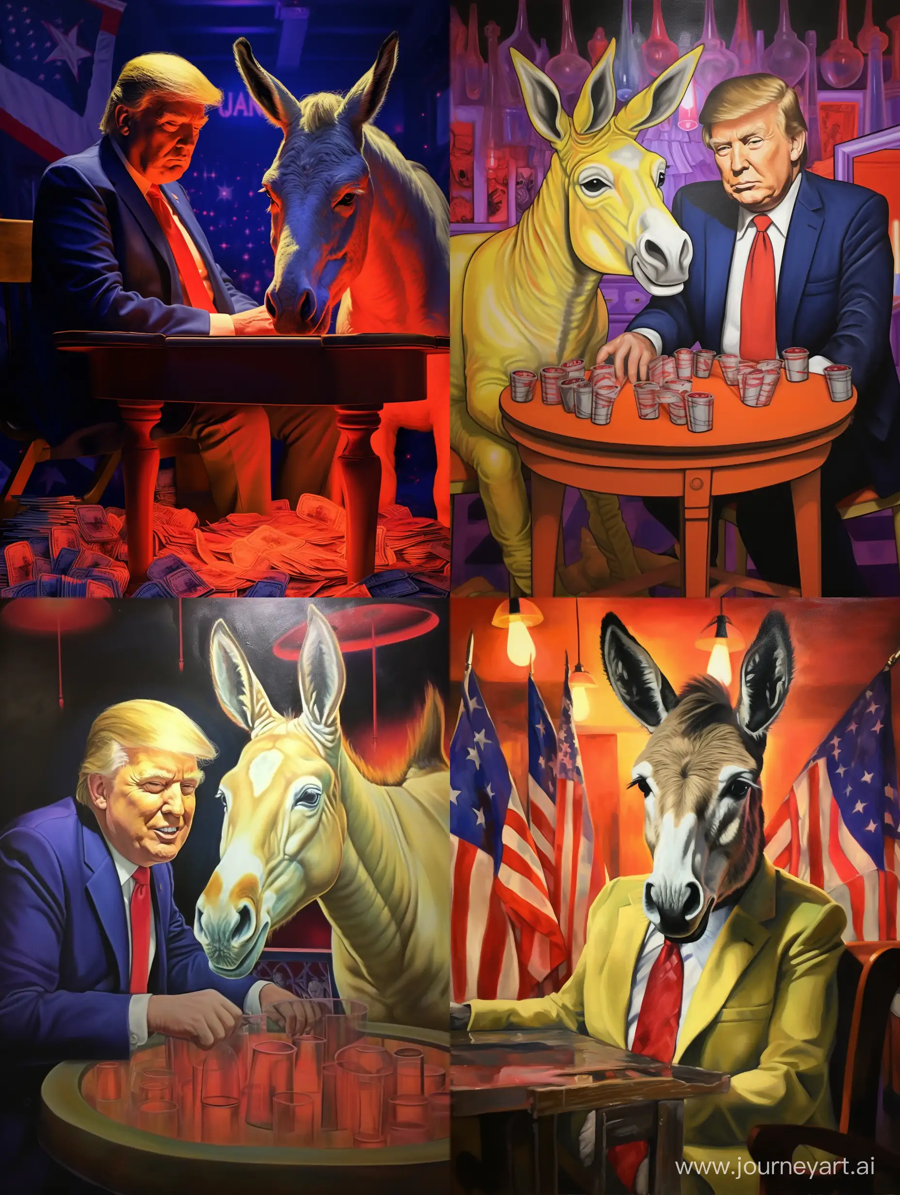 A casino where everything is very bright and glows, on the poker table there is a donkey with skin the color of the American flag and Donald Trump is sitting on this donkey