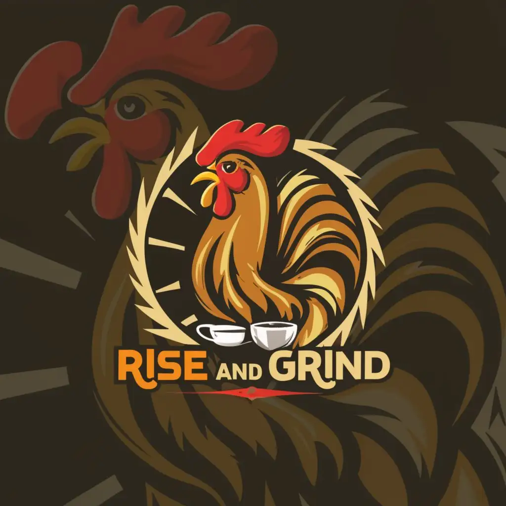 a logo design,with the text "Rise and Grind", main symbol:Rooster, coffee, sunrise, coffee cup, crowing,Moderate,be used in Restaurant industry,clear background