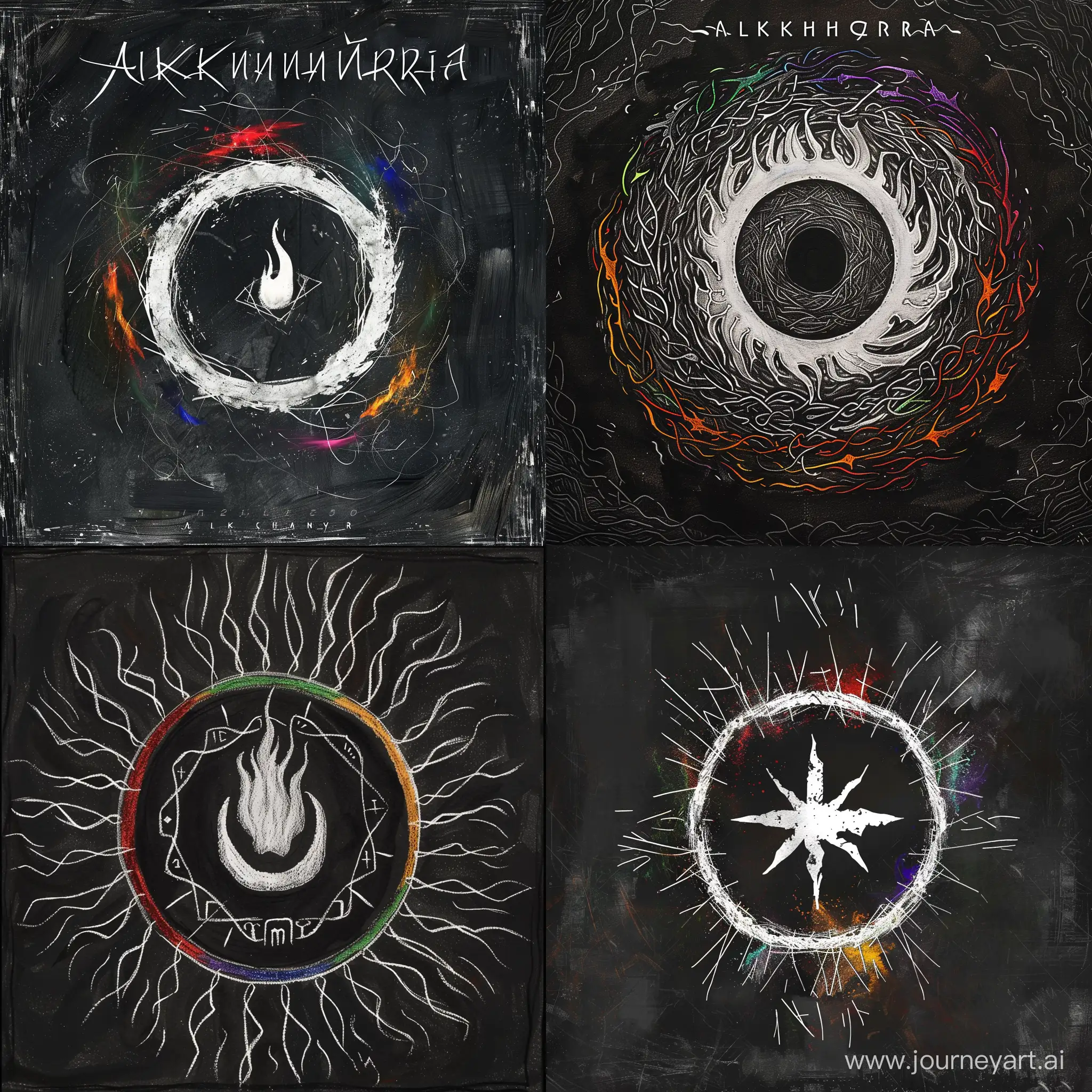 Black and white sketch of the Alkhandra rune, a white burning circle in the center with multi-colored edges, 4k, full hd