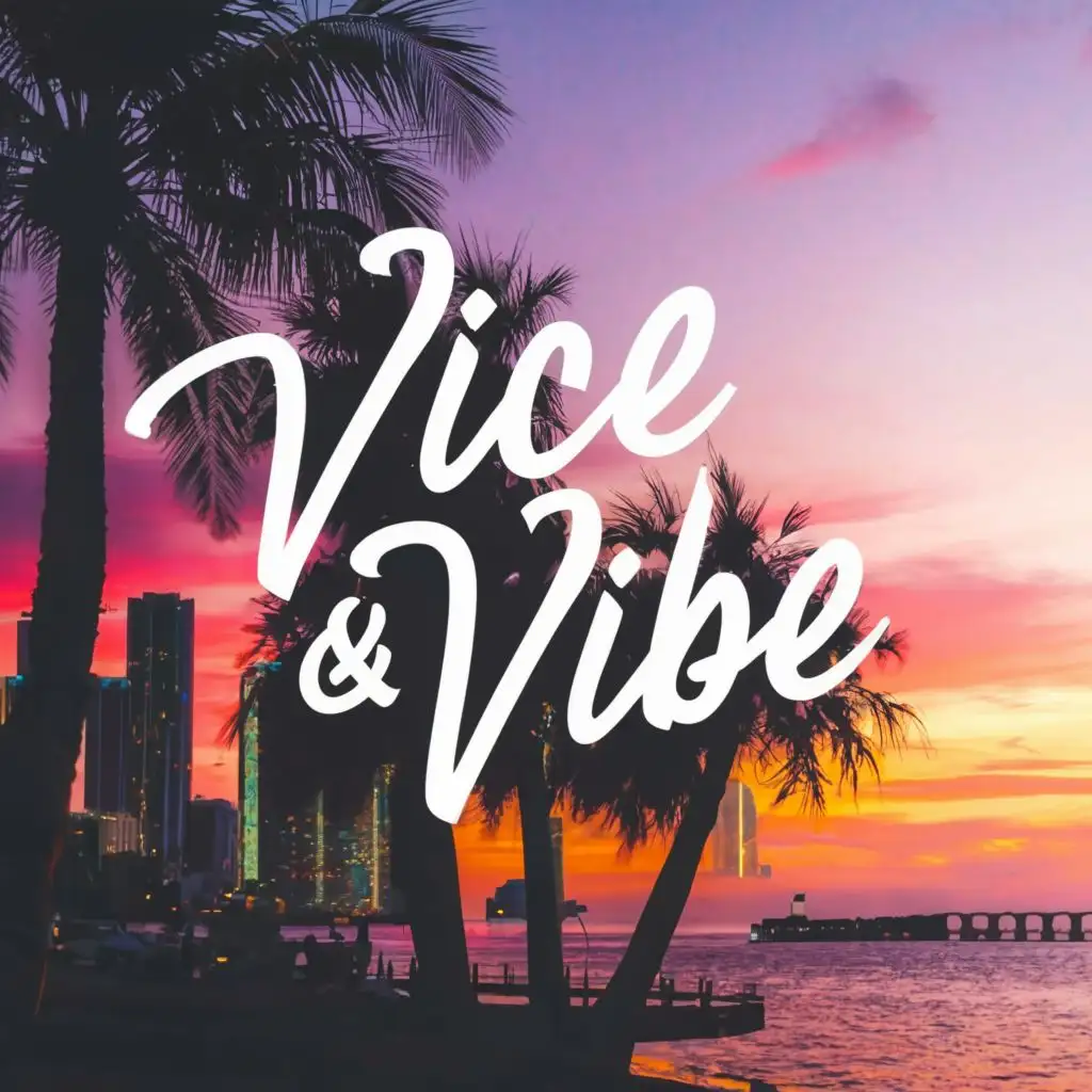 logo, palm tree and downtown miami purple and pink color matching sunset background and more classic font, with the text "Vice&vibe", typography