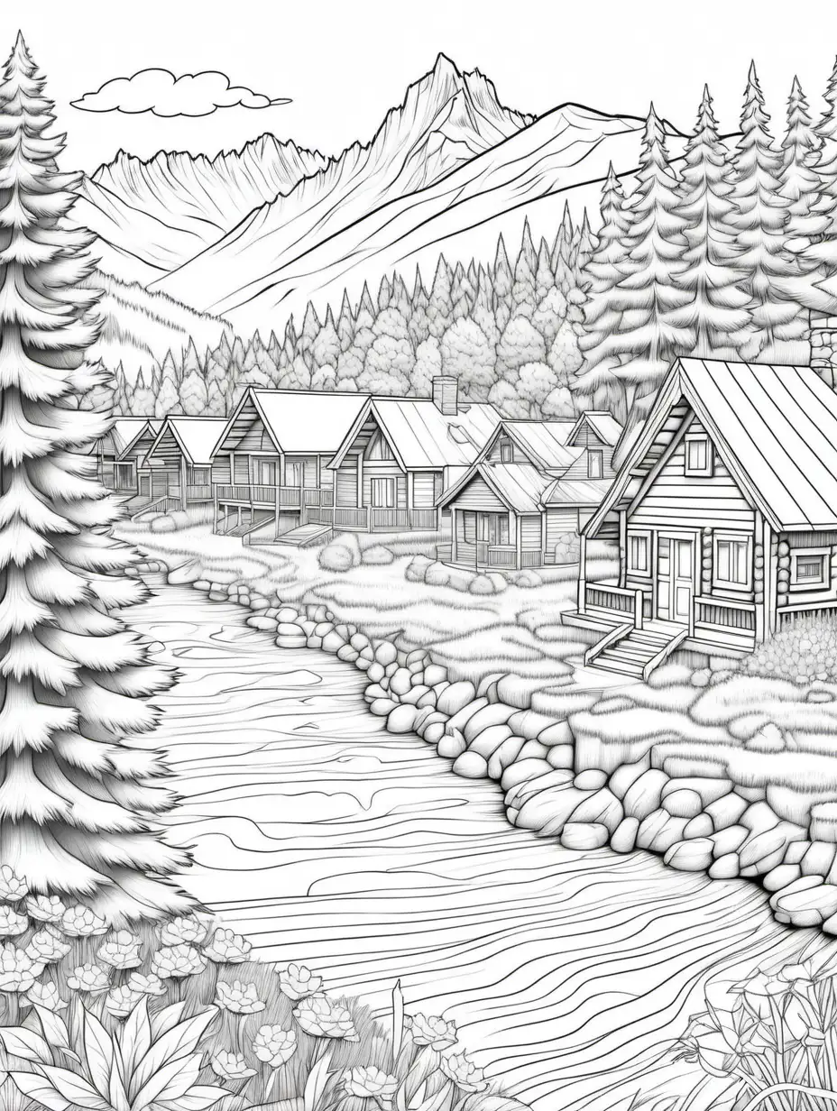 A Coloring book page, black and white. build scene of a Rustic Mountain Retreat. A row of log cabins nestled in the mountains surrounded by pine trees, flowers, and woodland animals. The lines should be clean and suitable for younger colorists.