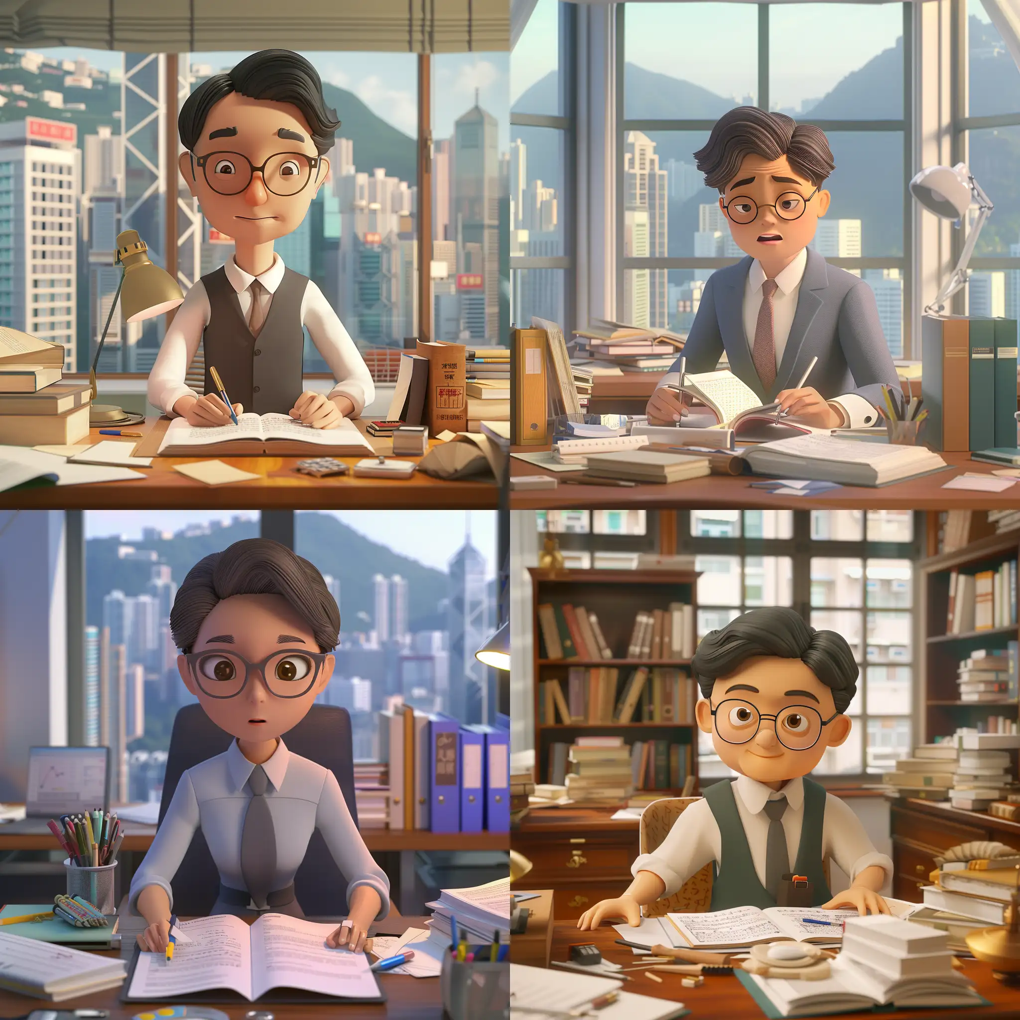 Create a 3D animated character of a proofreader, attentively working in a well-lit office space in Hong Kong, with cartoon-like features and human-like proportions maintaining the style of the provided reference. The character should display a detail-oriented and focused expression, surrounded by manuscripts, reference books, and proofreading tools. Integrate shades close to #2563eb into the color palette to convey a sense of calm and concentration appropriate for the proofreading profession.
