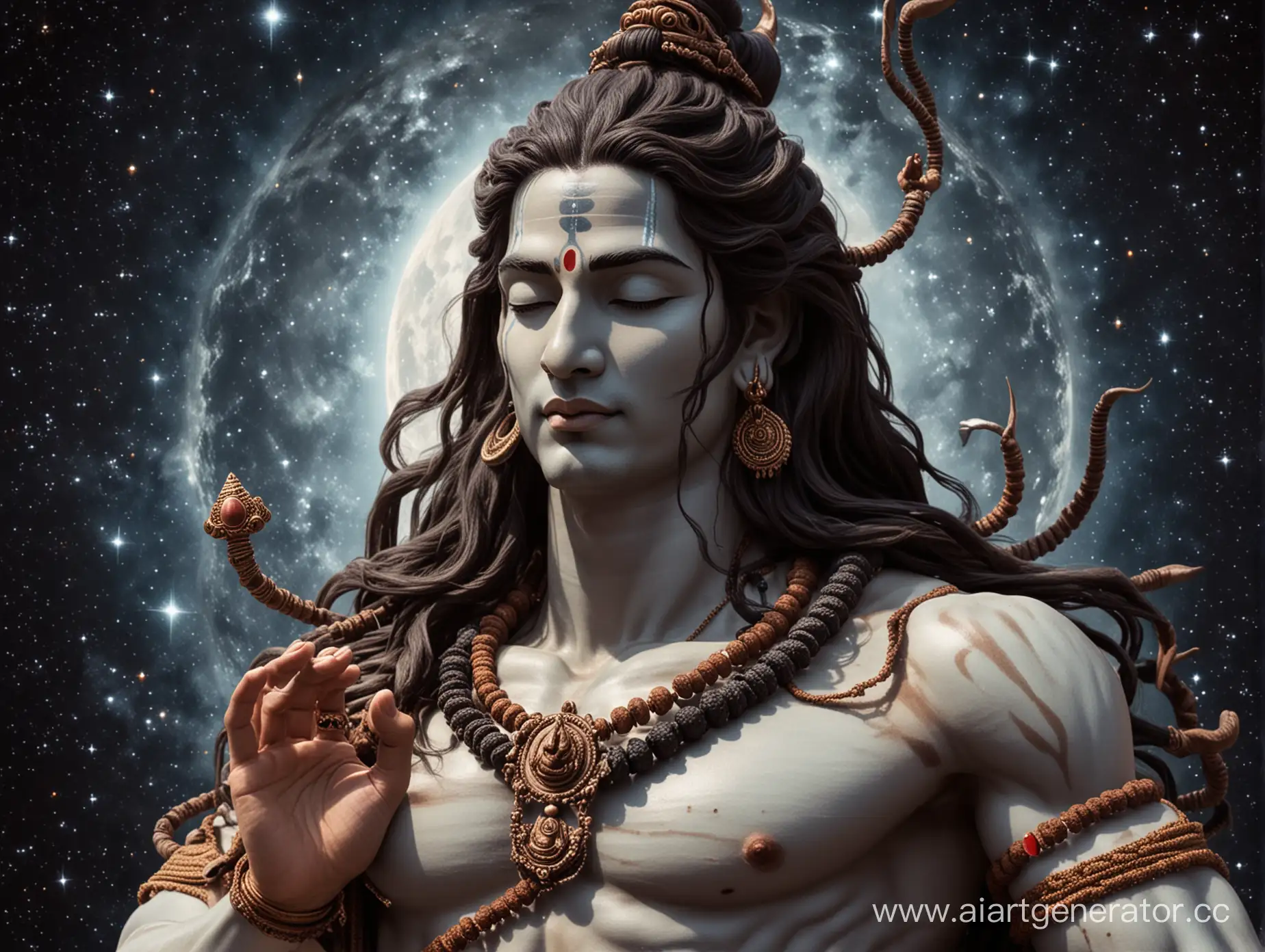 Lord Shiva floats in space in meditation with his eyes closed. He has a rudraksha rosary around his neck and a cobra around his neck.